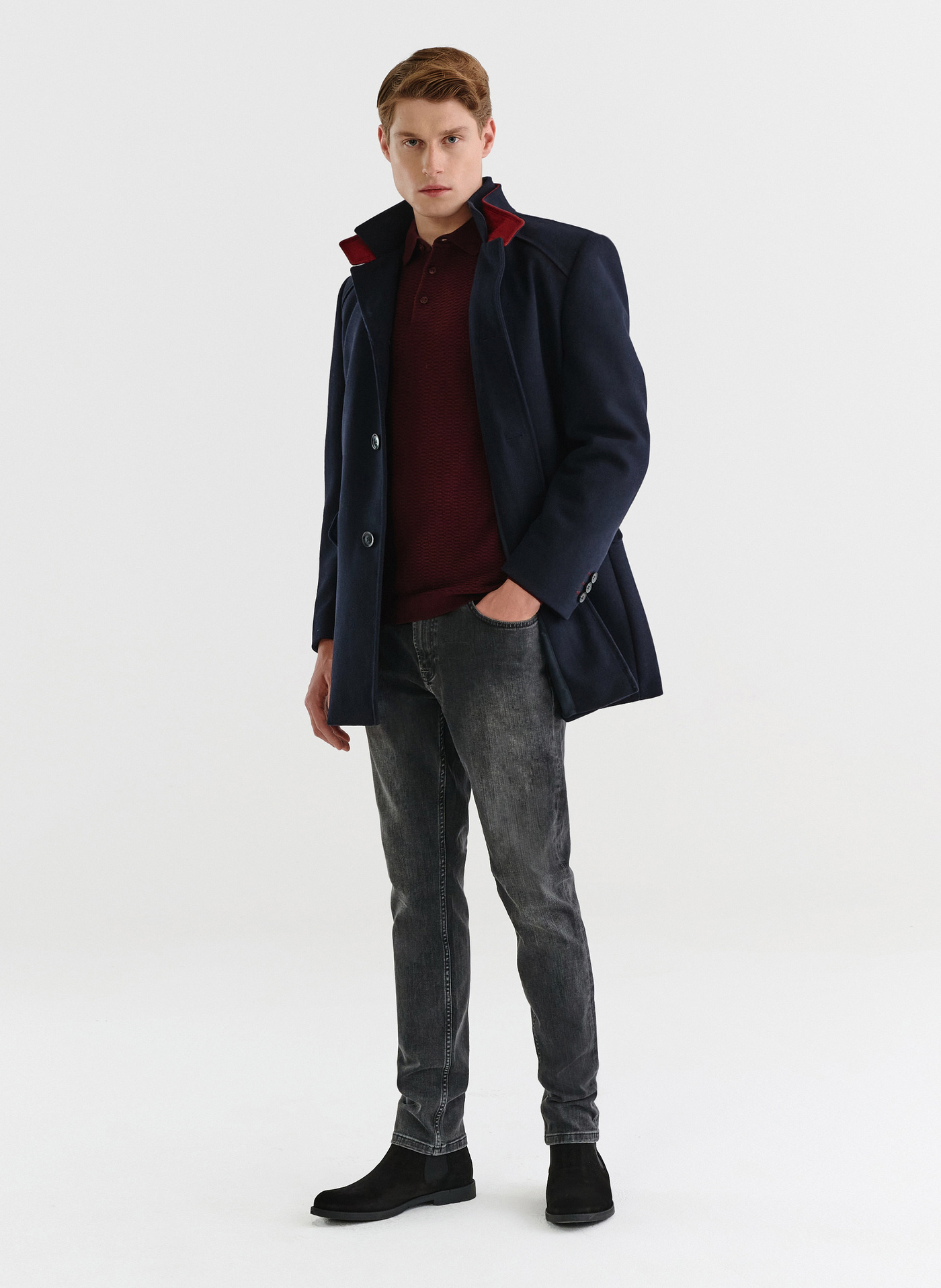 Granatowy płaszcz męski z podwójnym kołnierzem - Pako Lorente