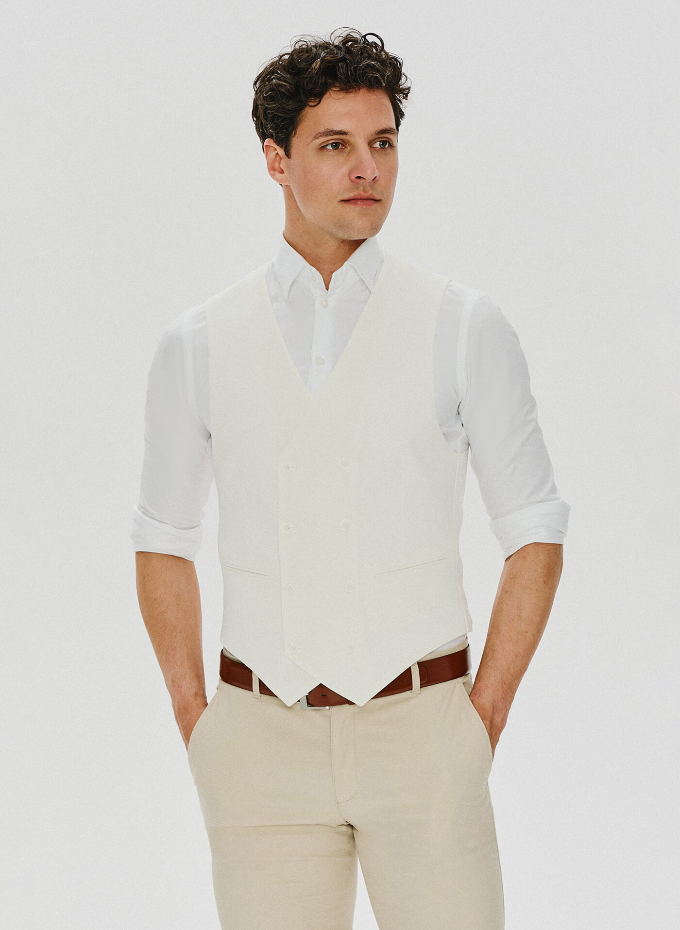 Beżowa dwurzędowa kamizelka męska - Pako Lorente