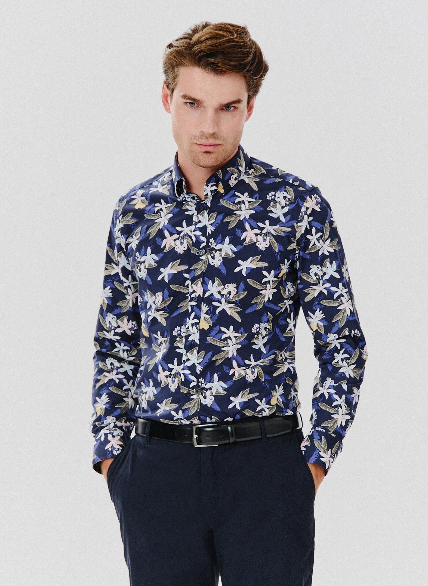 Granatowa koszula męska w kwiaty - Pako Lorente