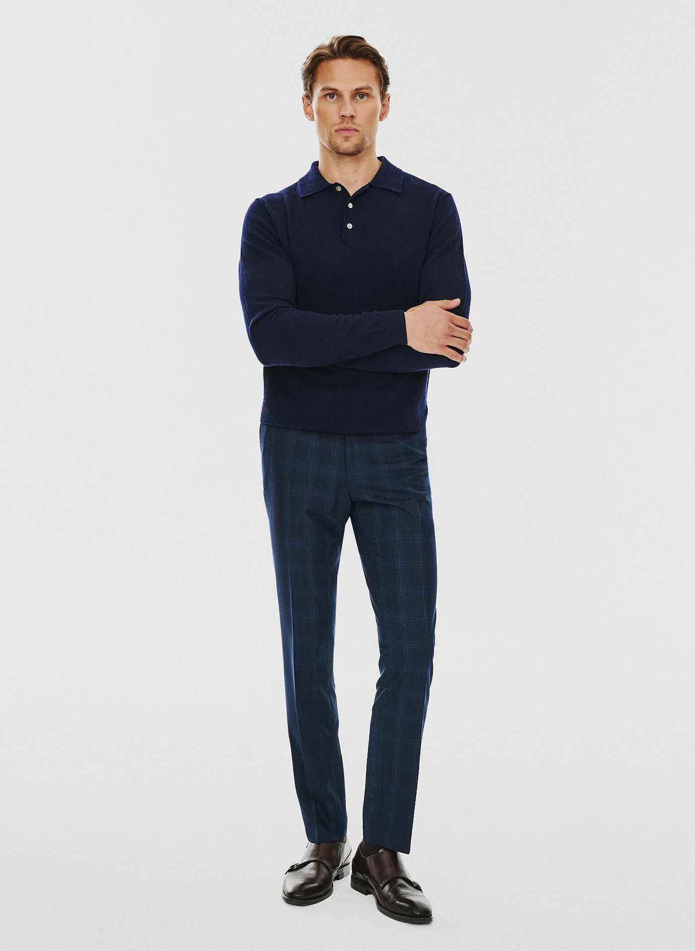Męski granatowy sweter z kołnierzykiem polo - Pako Lorente
