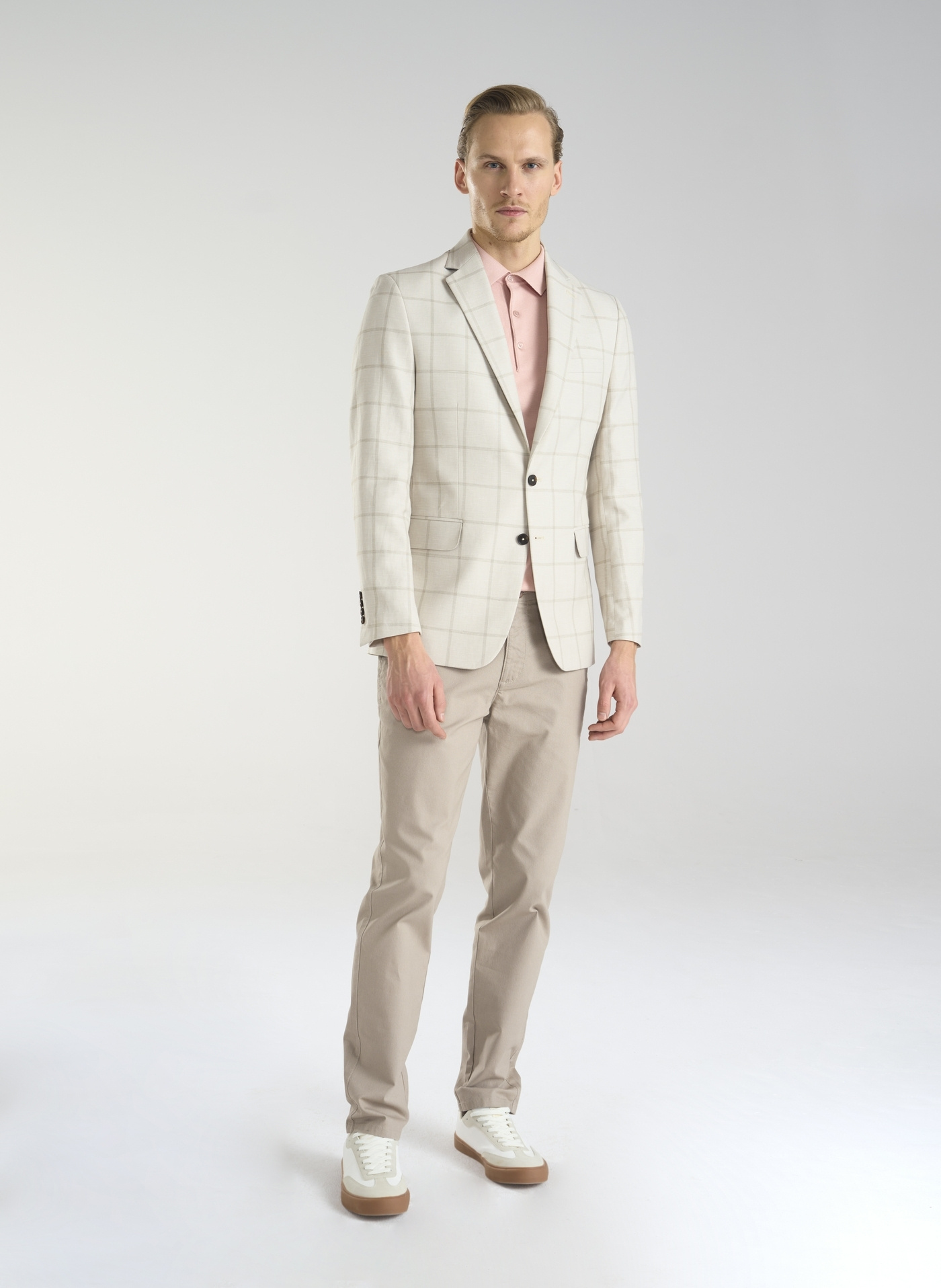 Beżowa marynarka męska w kratę Windowpane - Pako Lorente