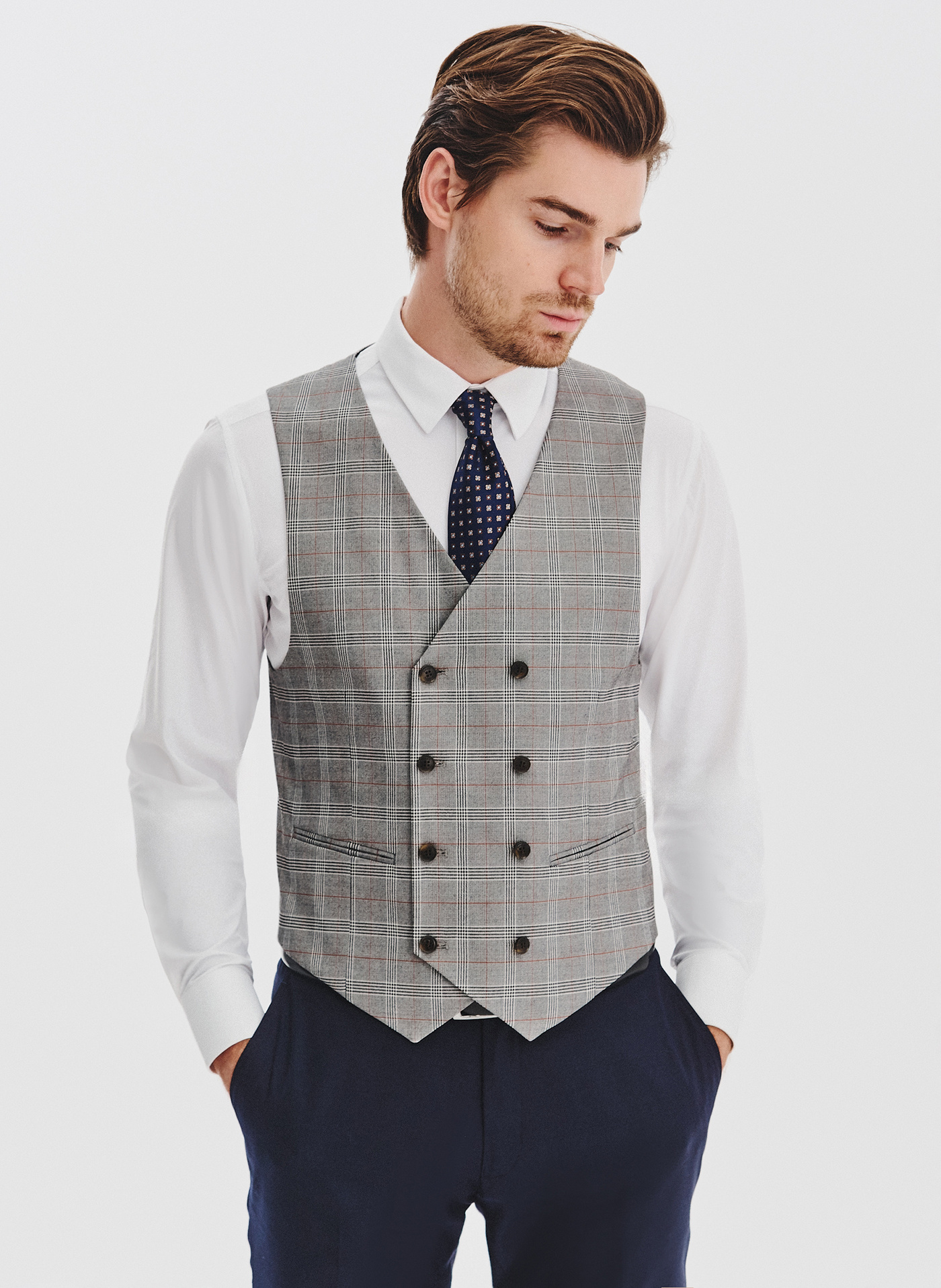 PAKO LORENTE - Szara dwurzędowa kamizelka męska w kratę - Pako Lorente