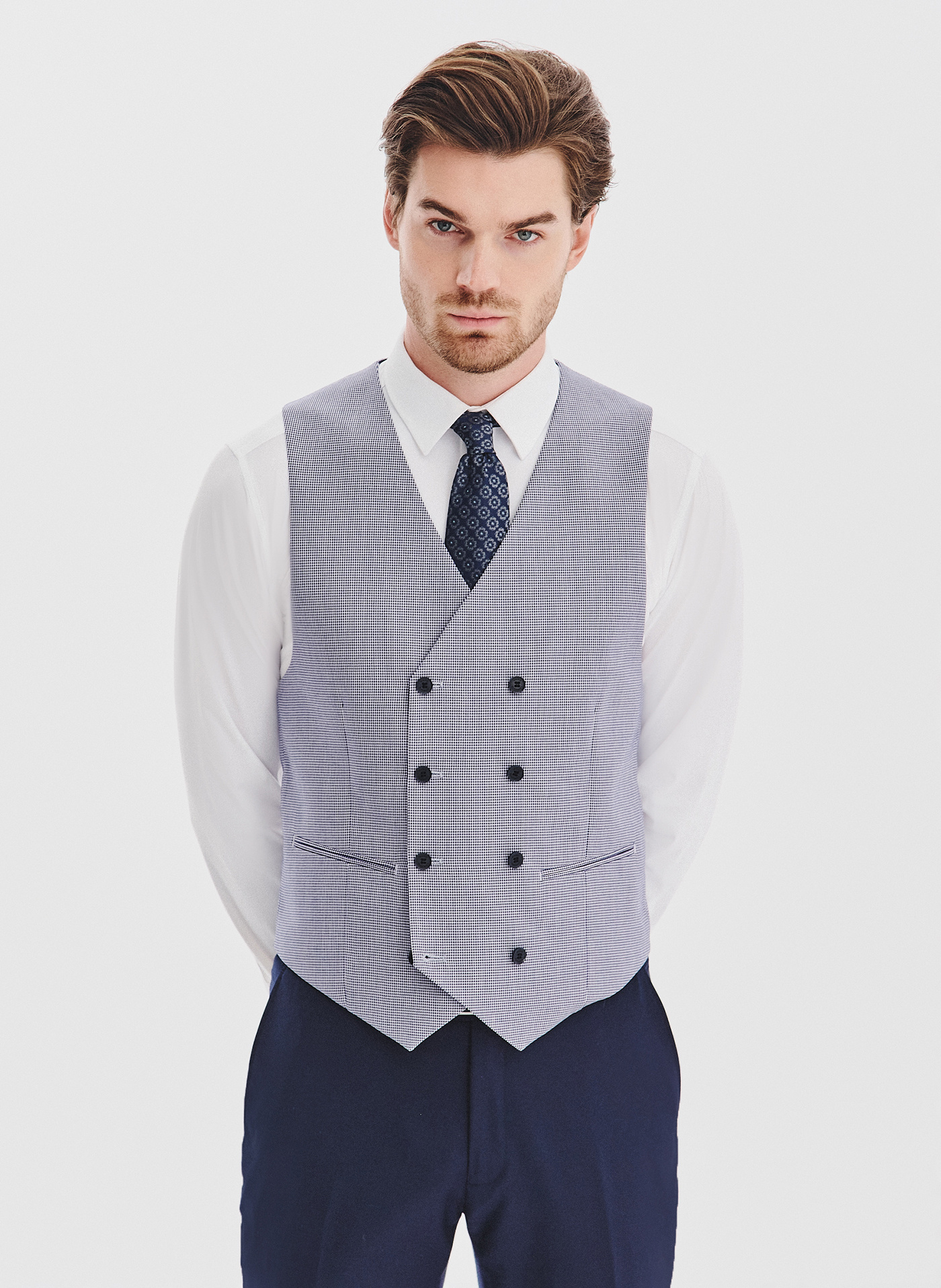 PAKO LORENTE - Granatowa dwurzędowa kamizelka w drobną kratę - Pako Lorente