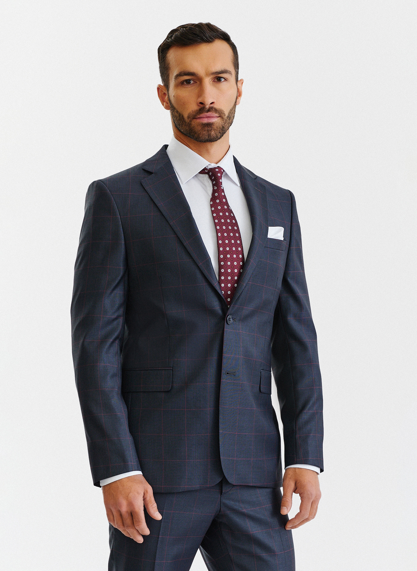 Granatowa marynarka garniturowa w bordową kratę Windowpane - Pako Lorente