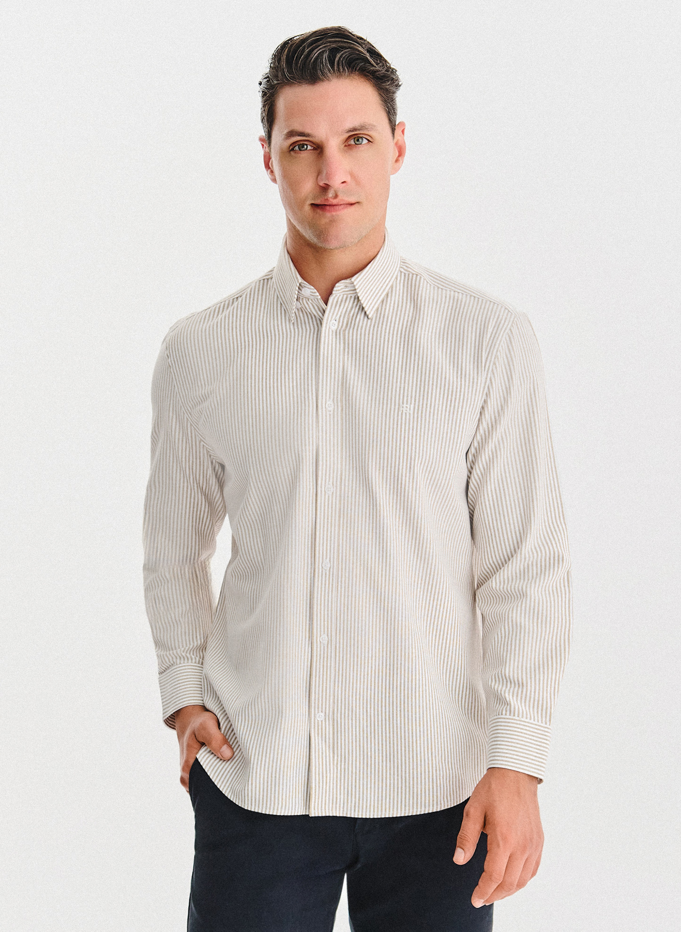 PAKO LORENTE - Beżowa koszula męska w paski - Pako Lorente