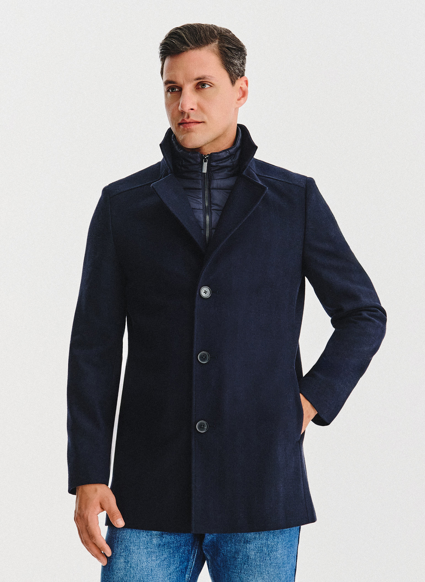 PAKO LORENTE - Granatowy wełniany płaszcz ze stójką - Pako Lorente