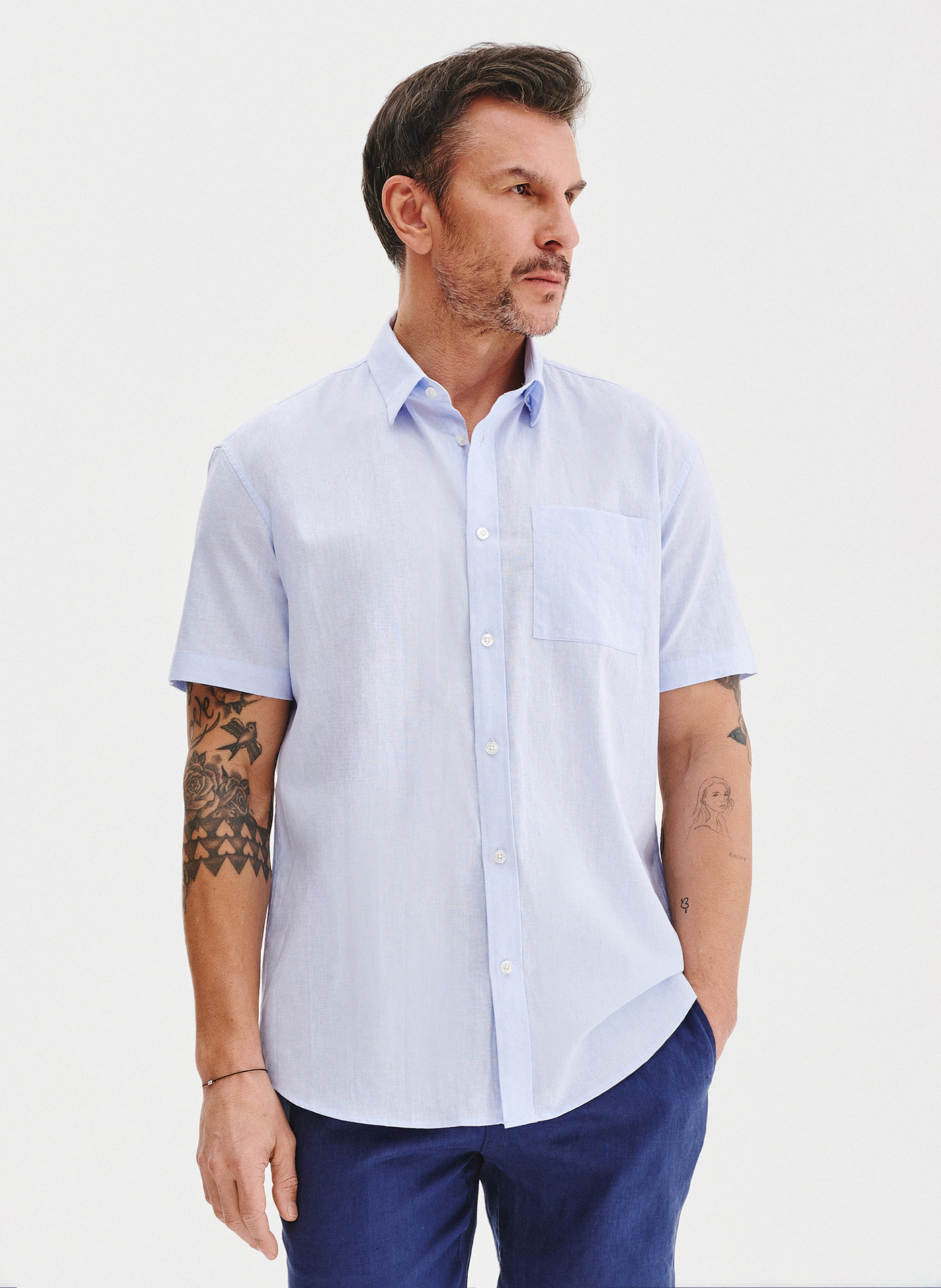 PAKO LORENTE - Lniana niebieska koszula z krótkim rękawem - Pako Lorente