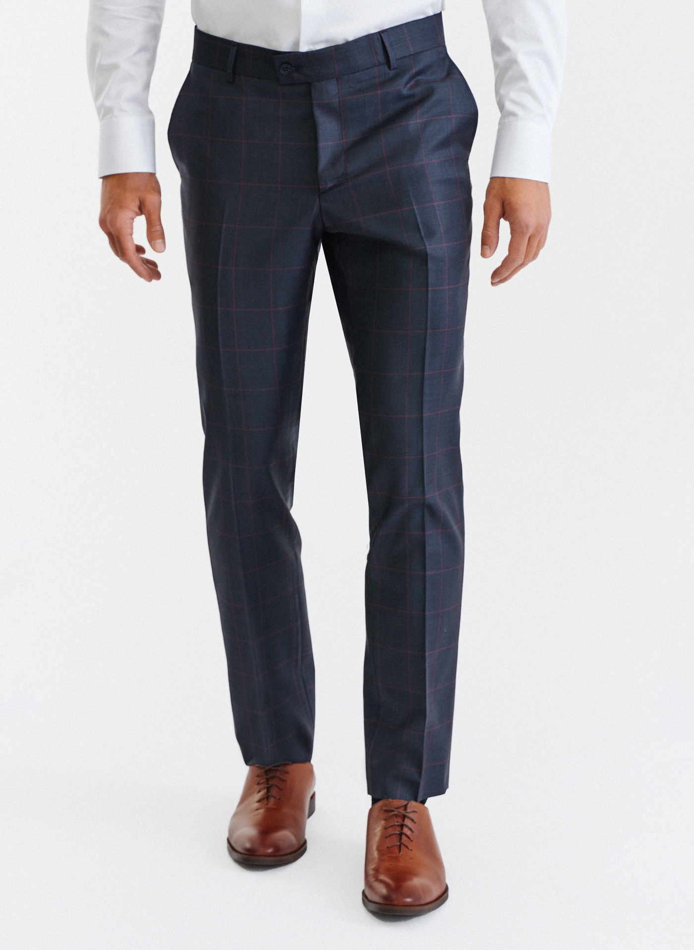Granatowe spodnie garniturowe w bordową kratę Windowpane - Pako Lorente