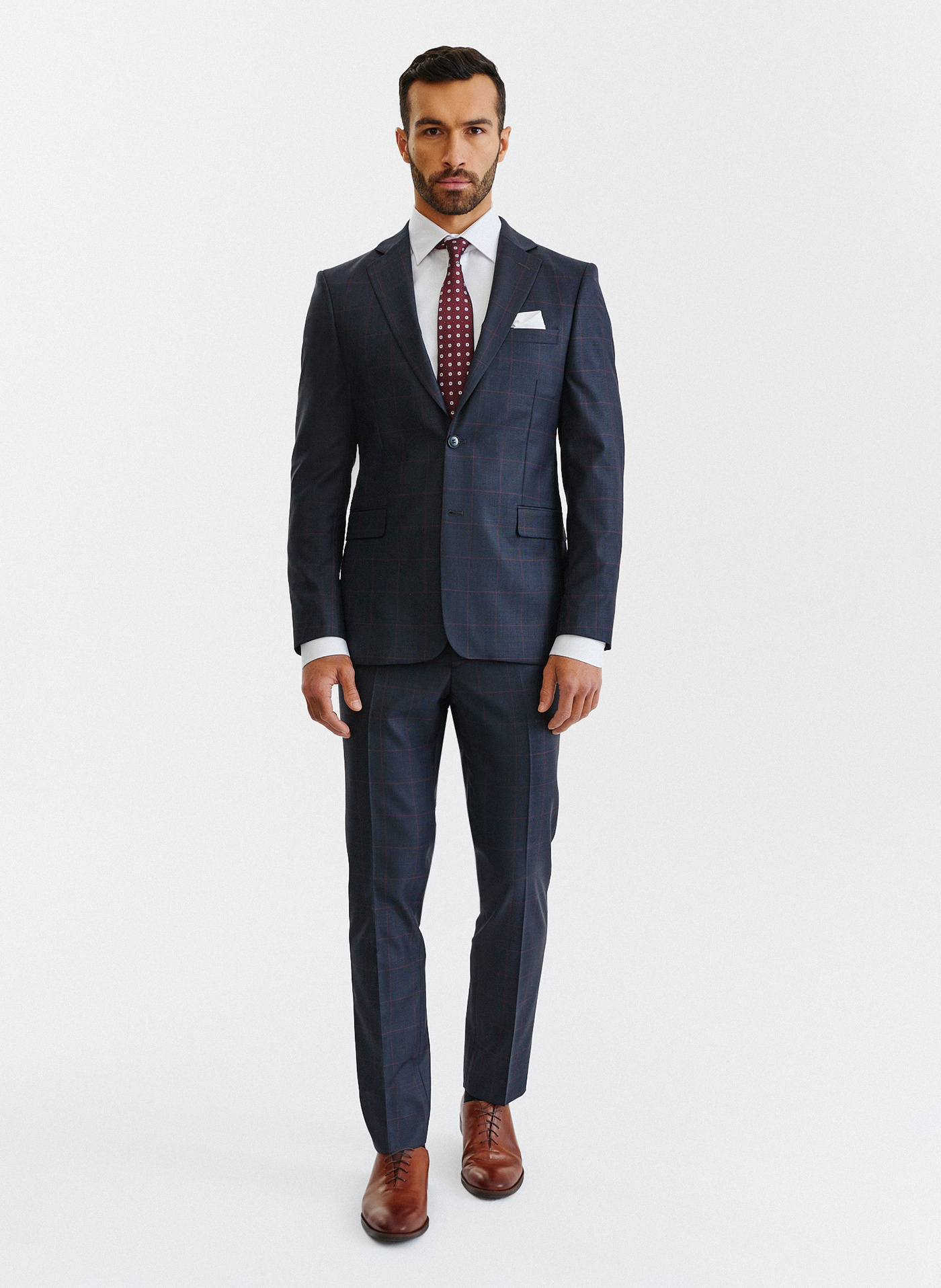 Granatowe spodnie garniturowe w bordową kratę Windowpane - Pako Lorente
