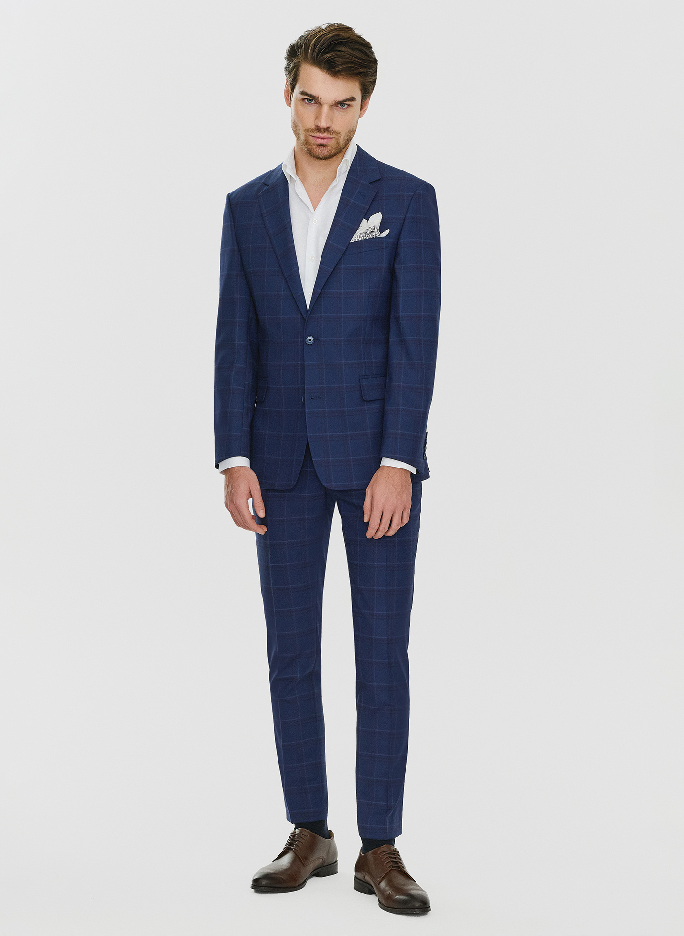 Granatowe spodnie garniturowe w czerwono-niebieską kratkę - Pako Lorente