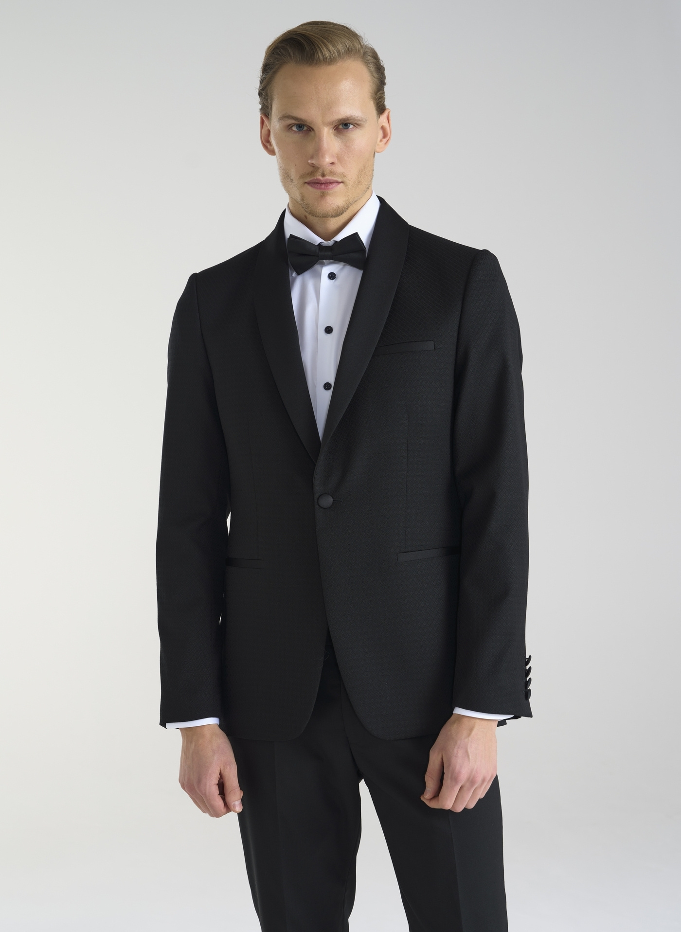 Wełniana czarna marynarka smokingowa w mikrowzór - Pako Lorente