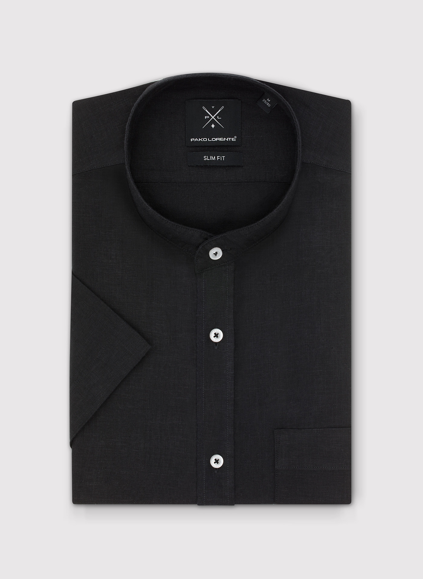 Lniana czarna koszula męska ze stójką - Pako Lorente