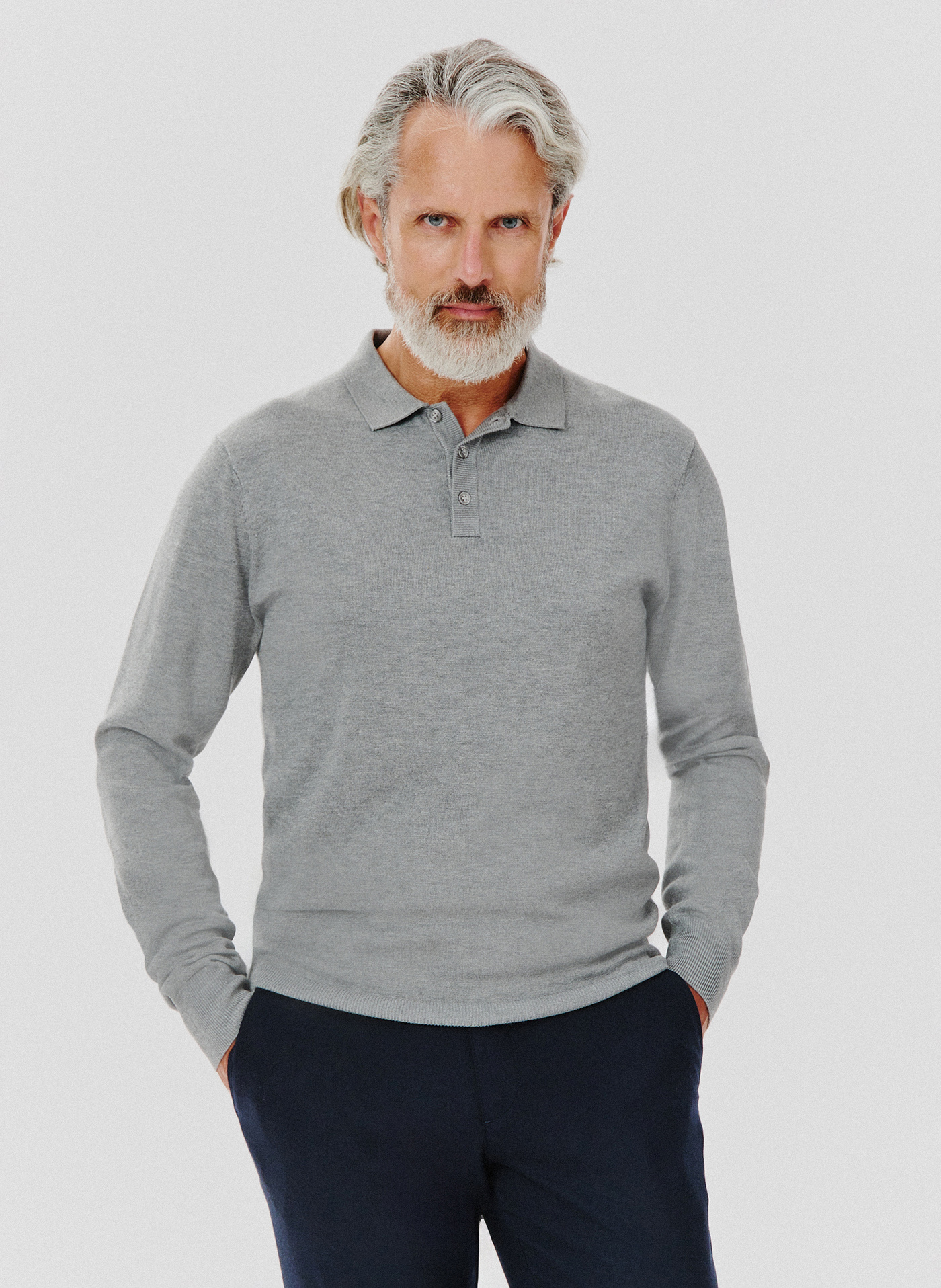 Szary sweter męski z kołnierzykiem polo - Pako Lorente