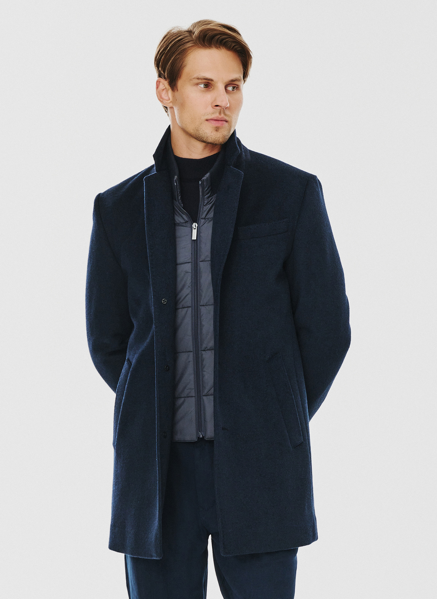 Granatowy płaszcz męski z odpinaną stójką - Pako Lorente