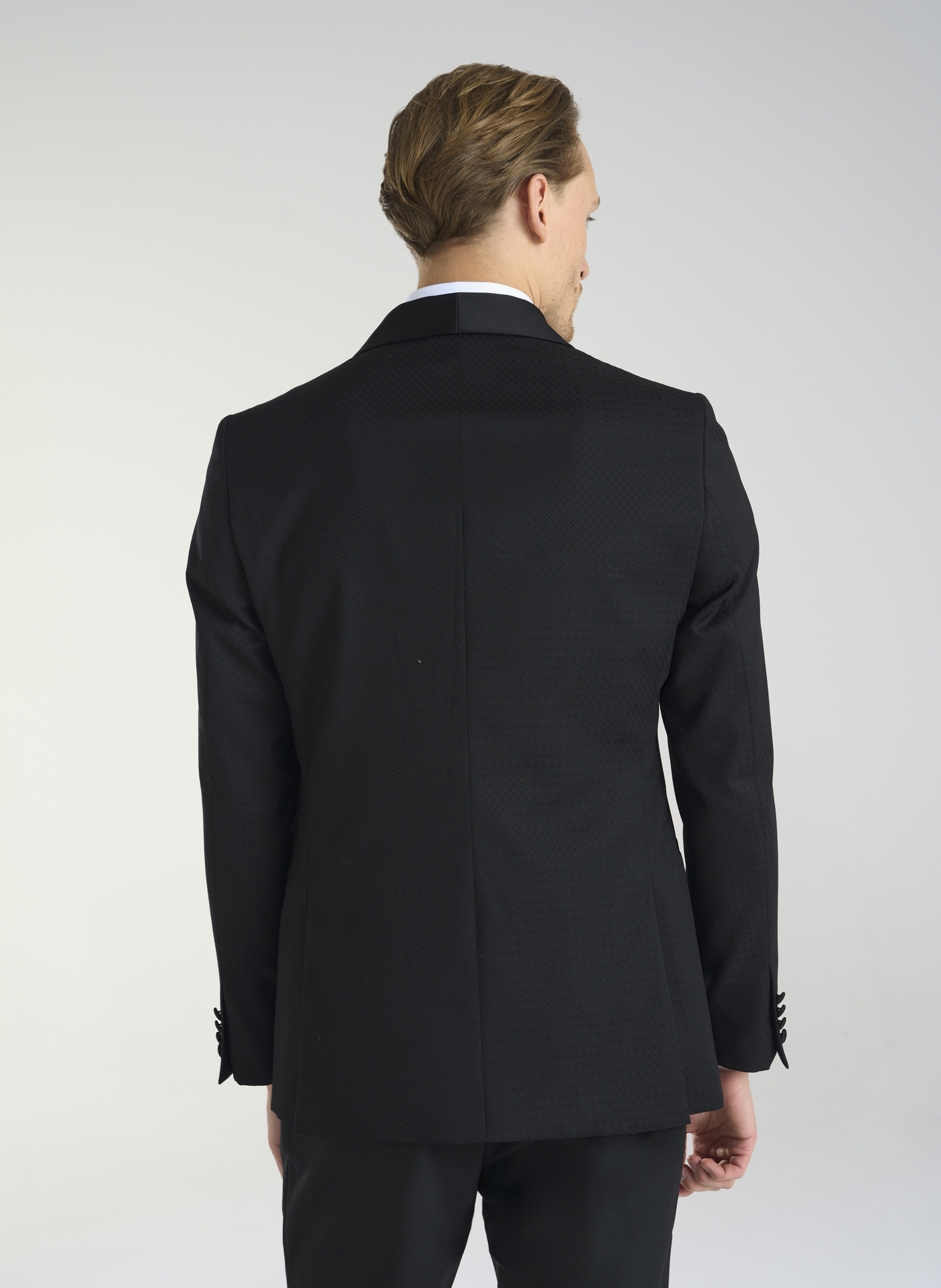 Wełniana czarna marynarka smokingowa w mikrowzór - Pako Lorente