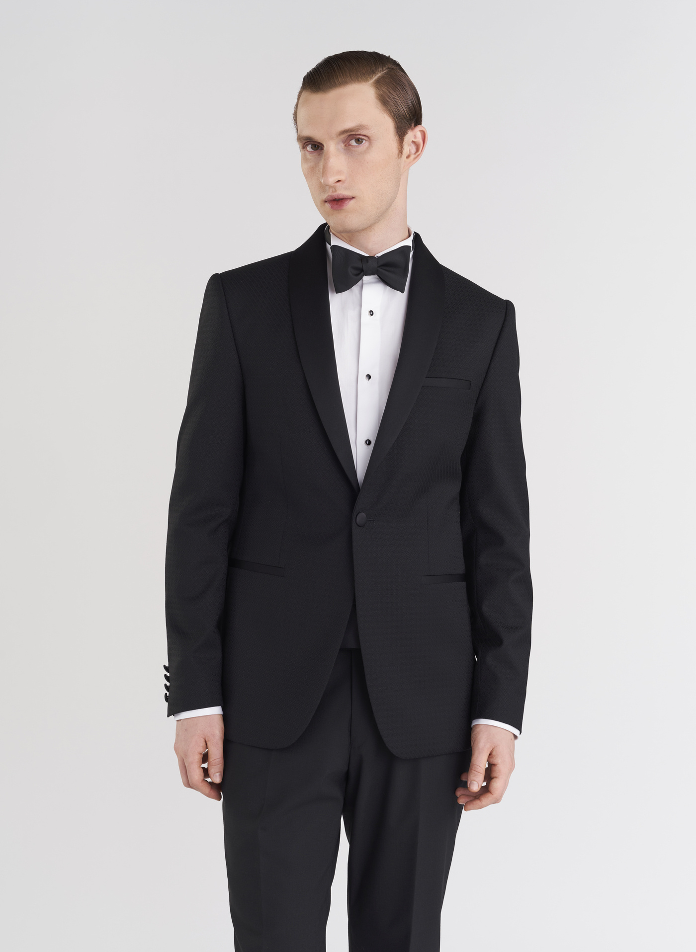 Wełniana czarna marynarka smokingowa w mikrowzór - Pako Lorente