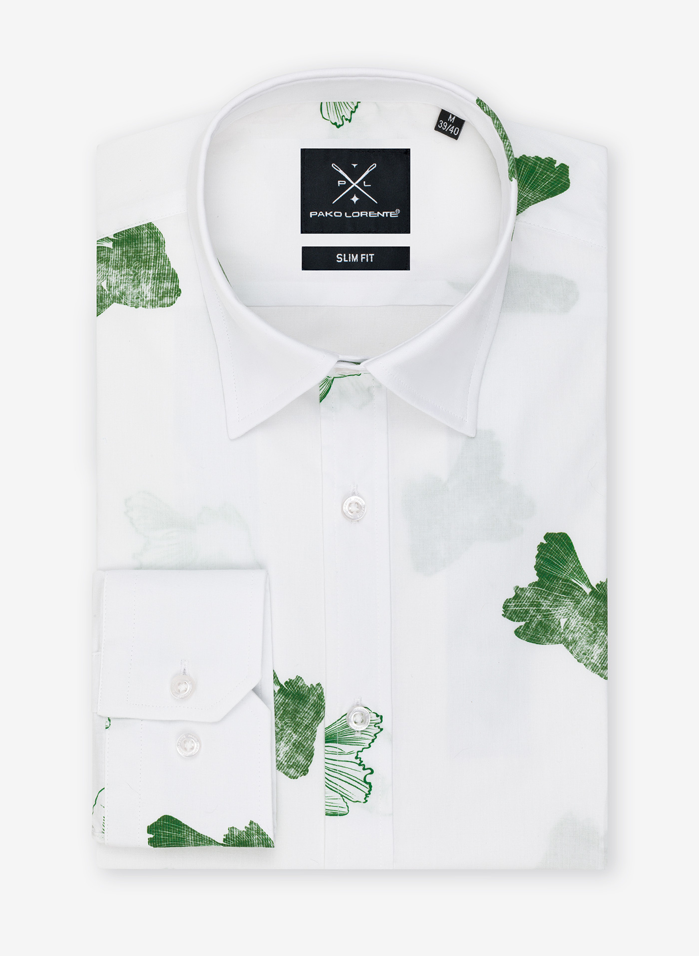 Biała koszula męska w zielone ryby P22SF-1X-028-B-S - Pako Lorente
