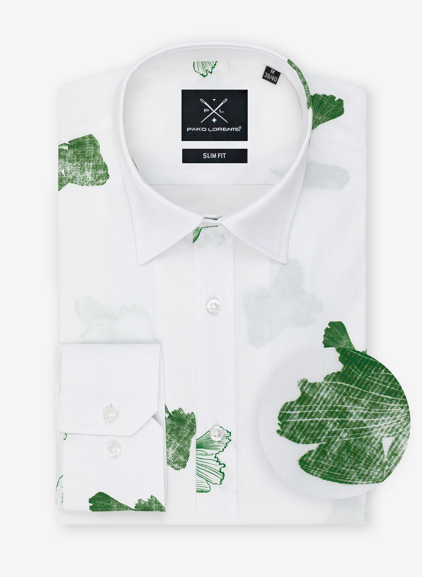 Biała koszula męska w zielone ryby P22SF-1X-028-B-S - Pako Lorente