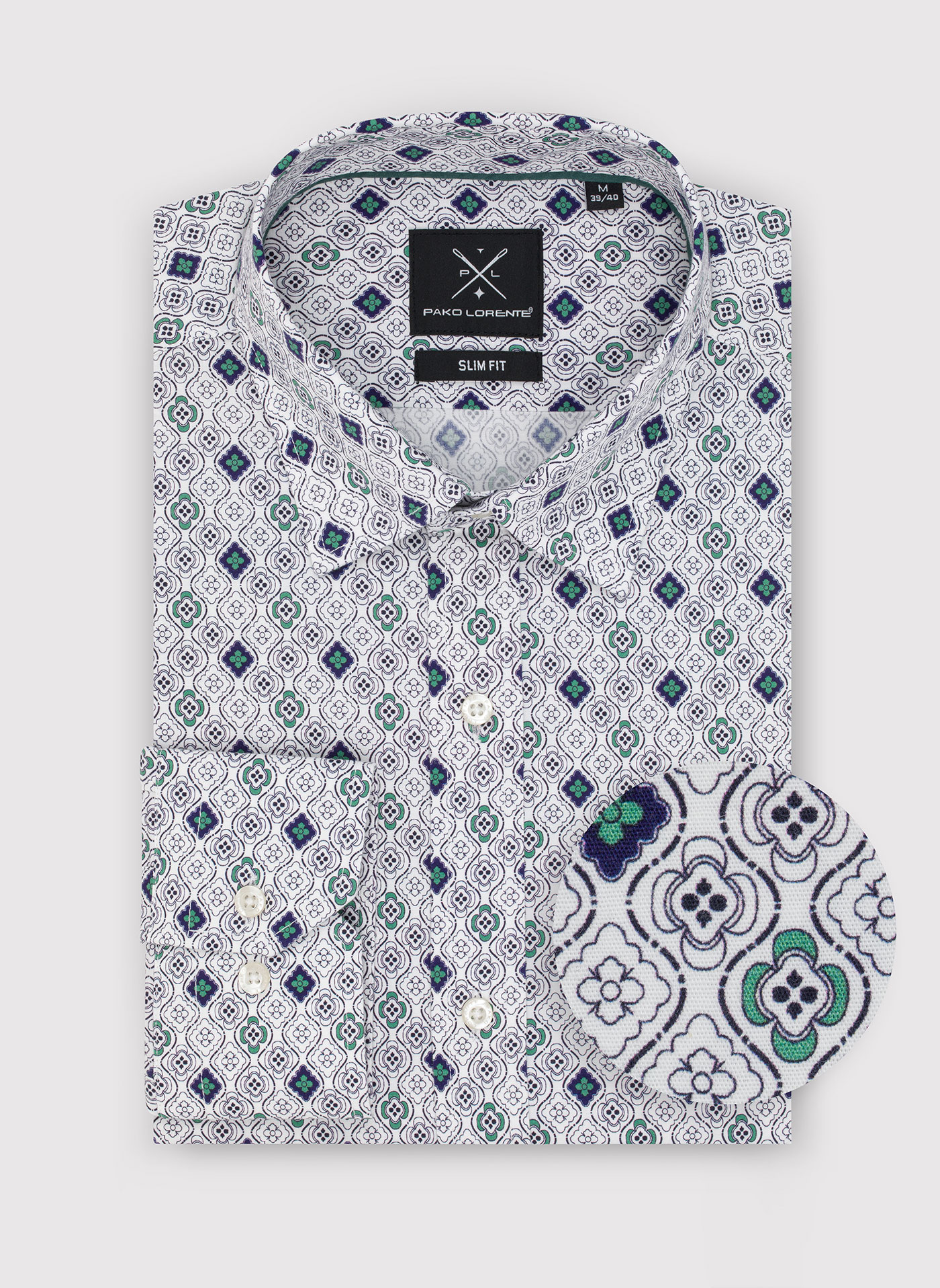 Męska koszula w kolorze białym w granatowo-zielony wzór - Pako Lorente
