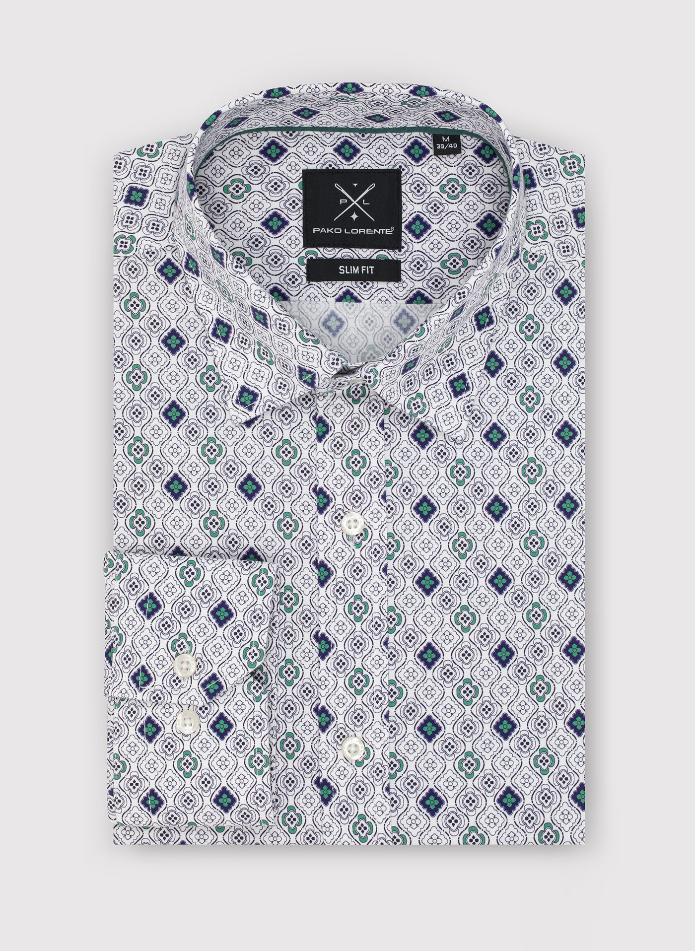 Męska koszula w kolorze białym w granatowo-zielony wzór - Pako Lorente