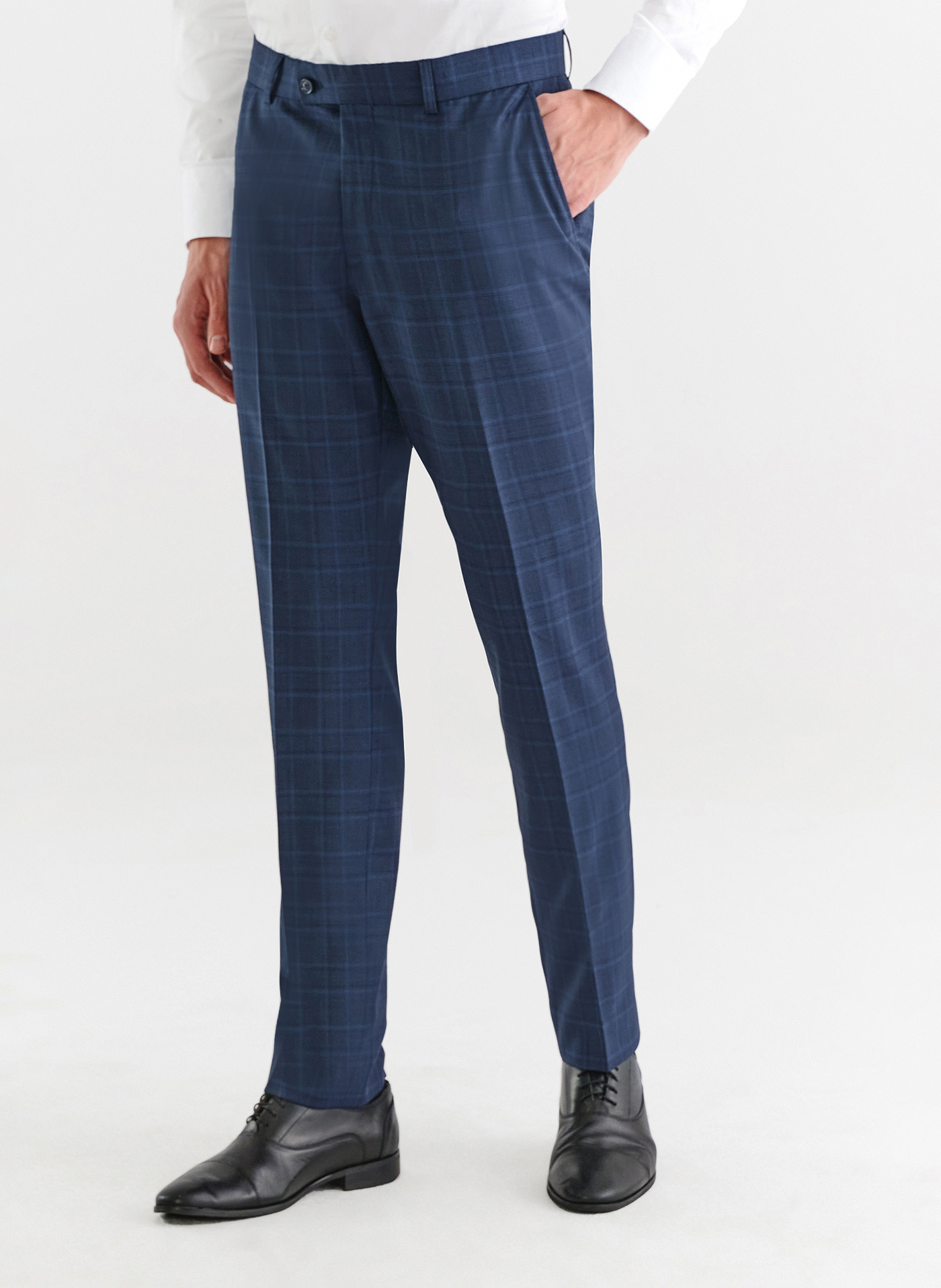 Granatowe spodnie garniturowe w delikatną niebieską kratkę - Pako Lorente