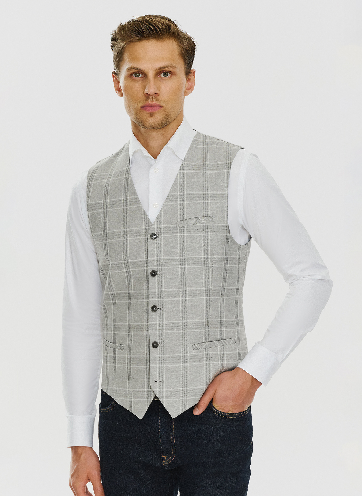 Szara kamizelka jednorzędowa w kratę - Pako Lorente