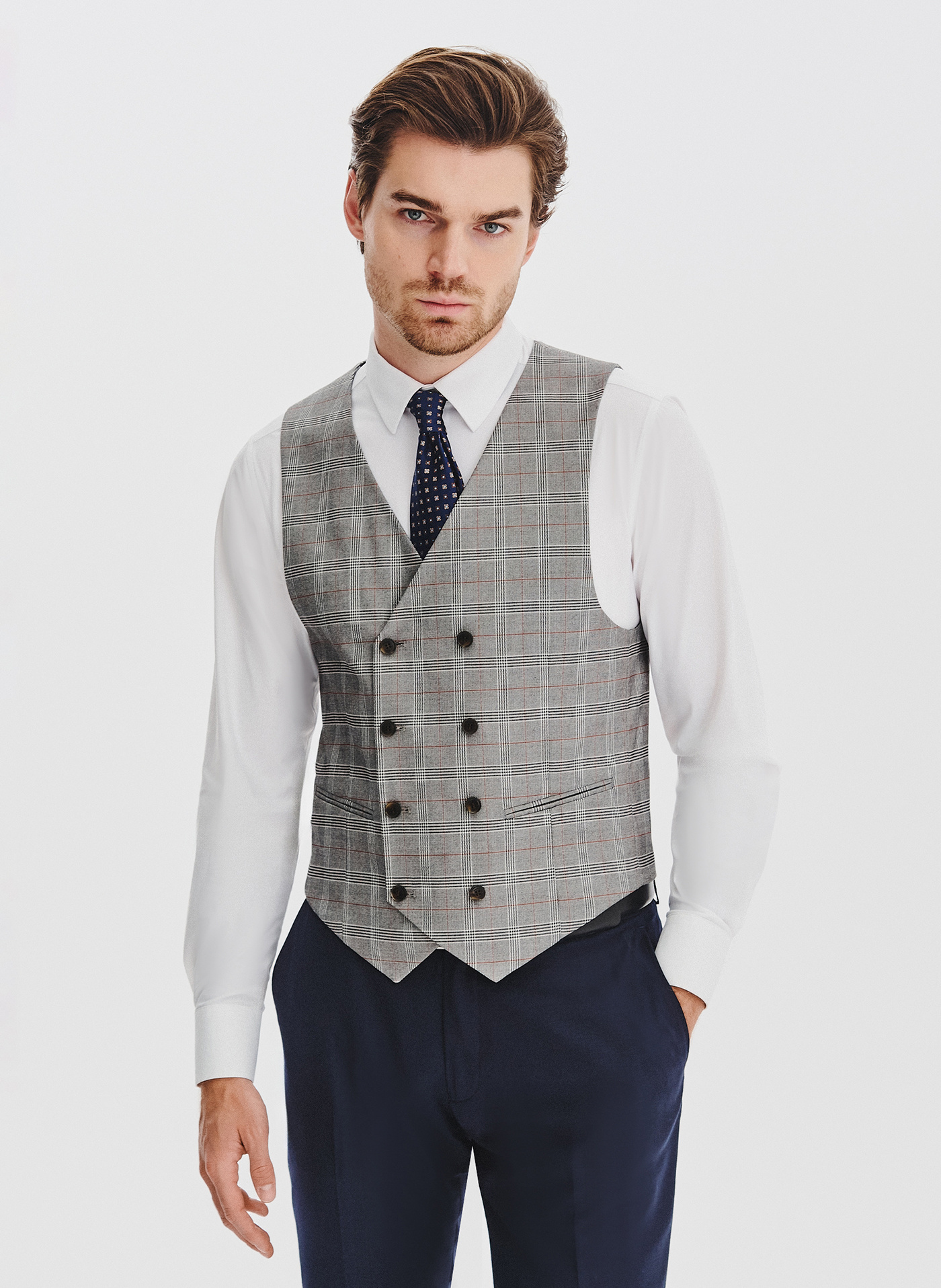 PAKO LORENTE - Szara dwurzędowa kamizelka męska w kratę - Pako Lorente