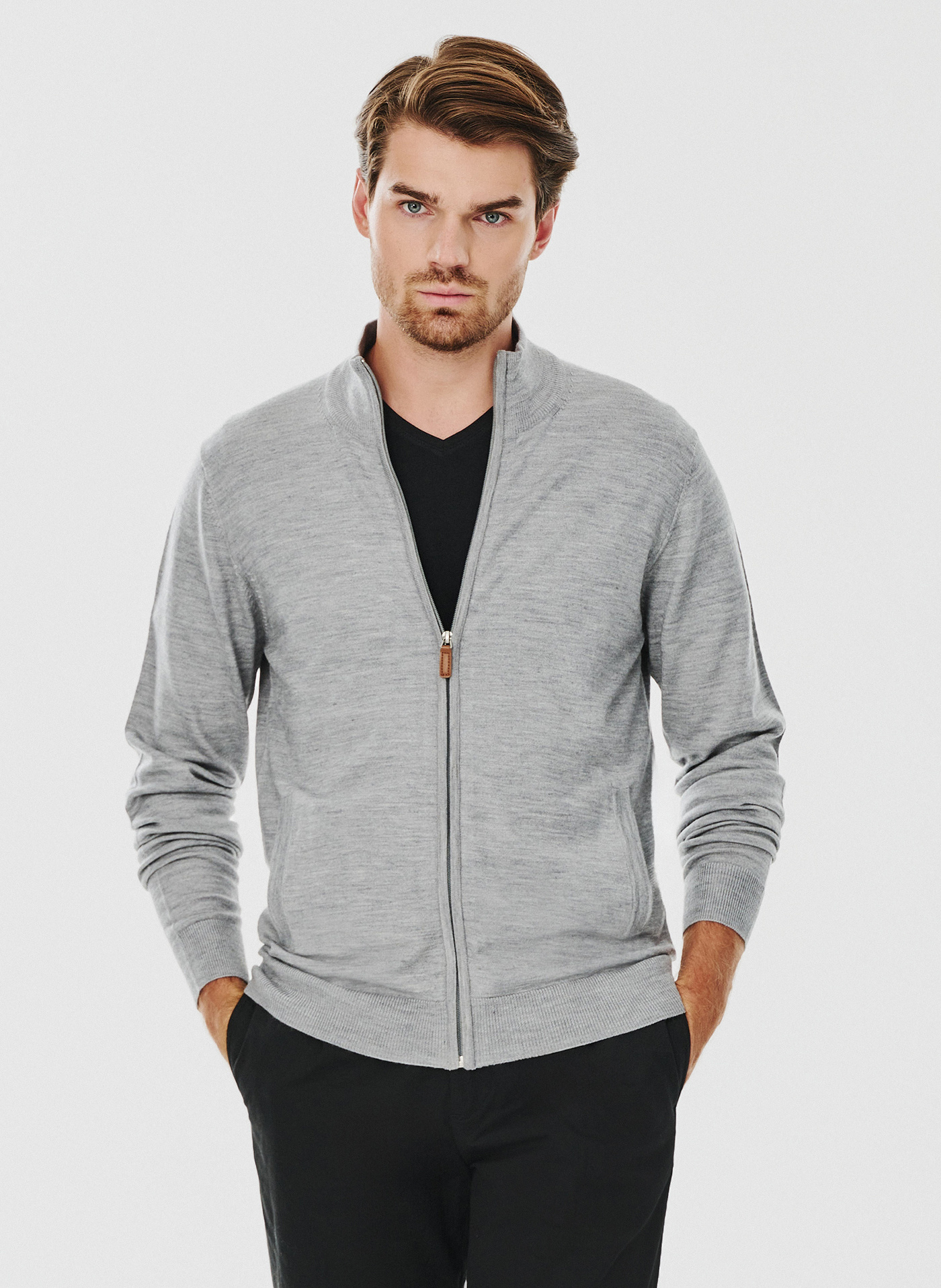 Męski rozpinany sweter w szarym kolorze - Pako Lorente