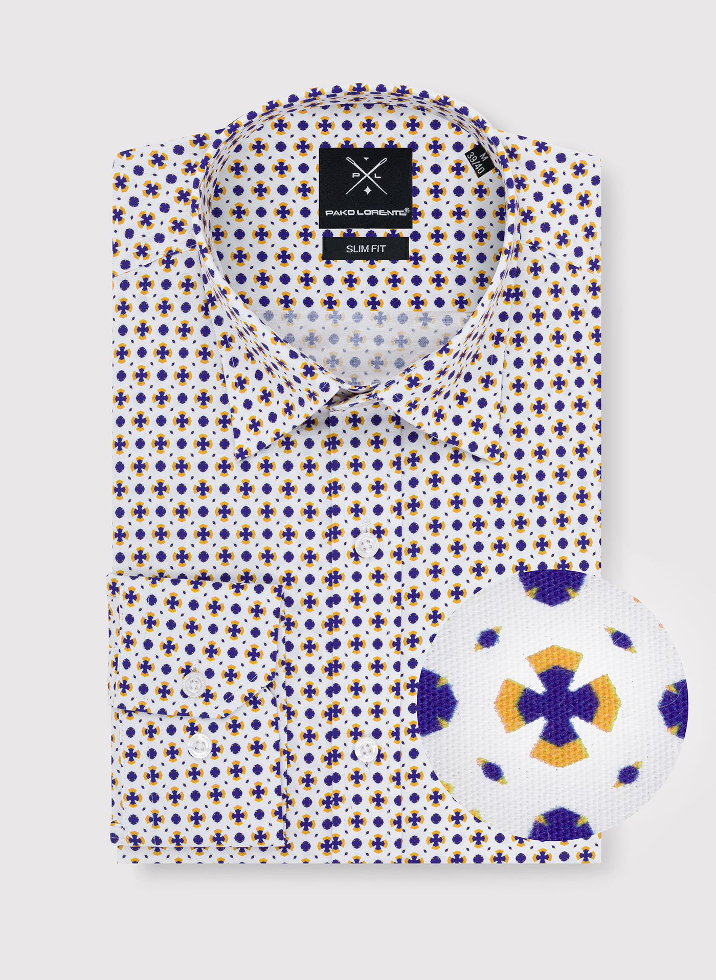 Biała koszula w niebiesko-żółty wzór P23WF-1X-018-B-S - Pako Lorente