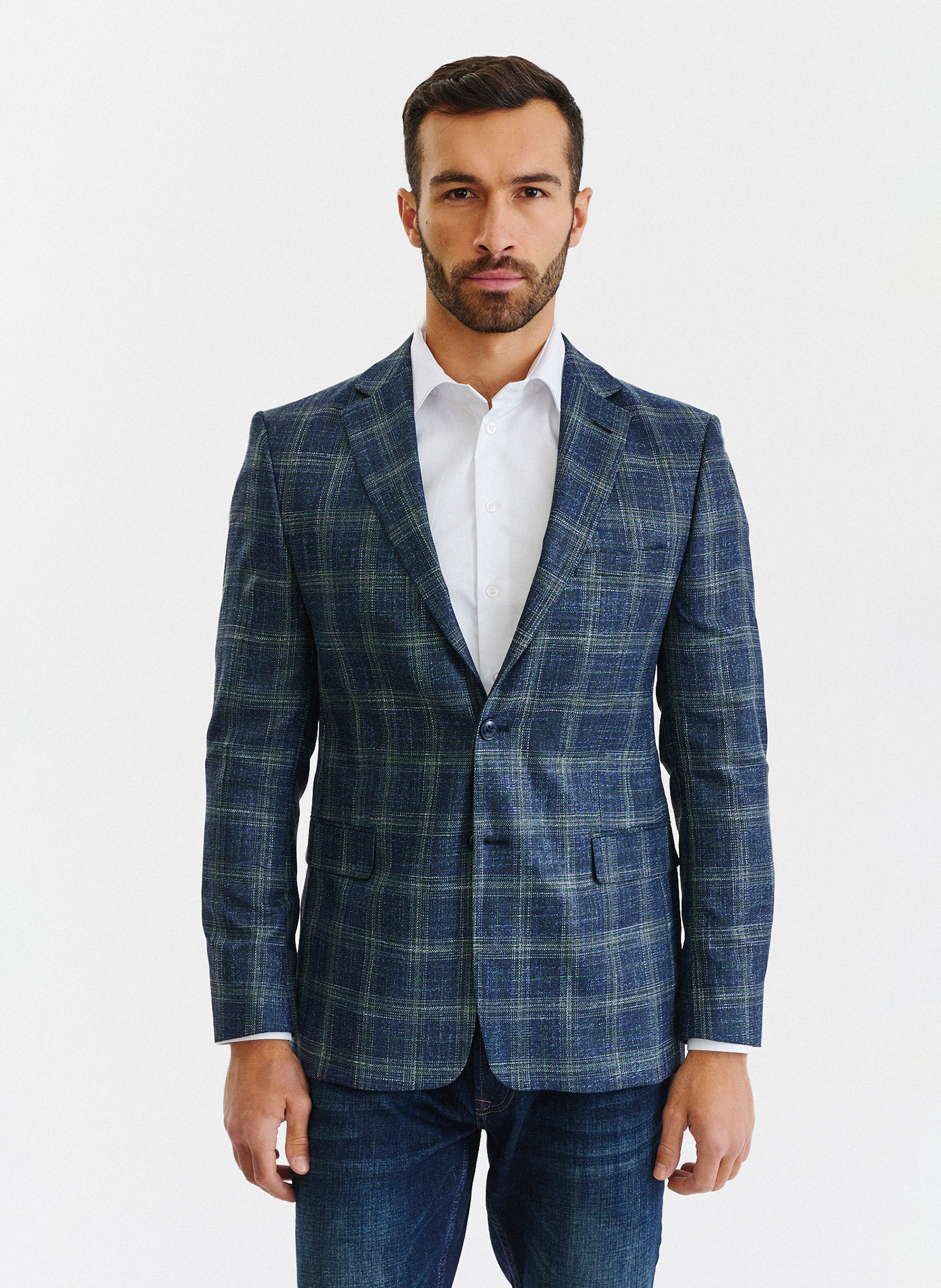 Granatowa casualowa marynarka męska w zieloną kratę - Pako Lorente