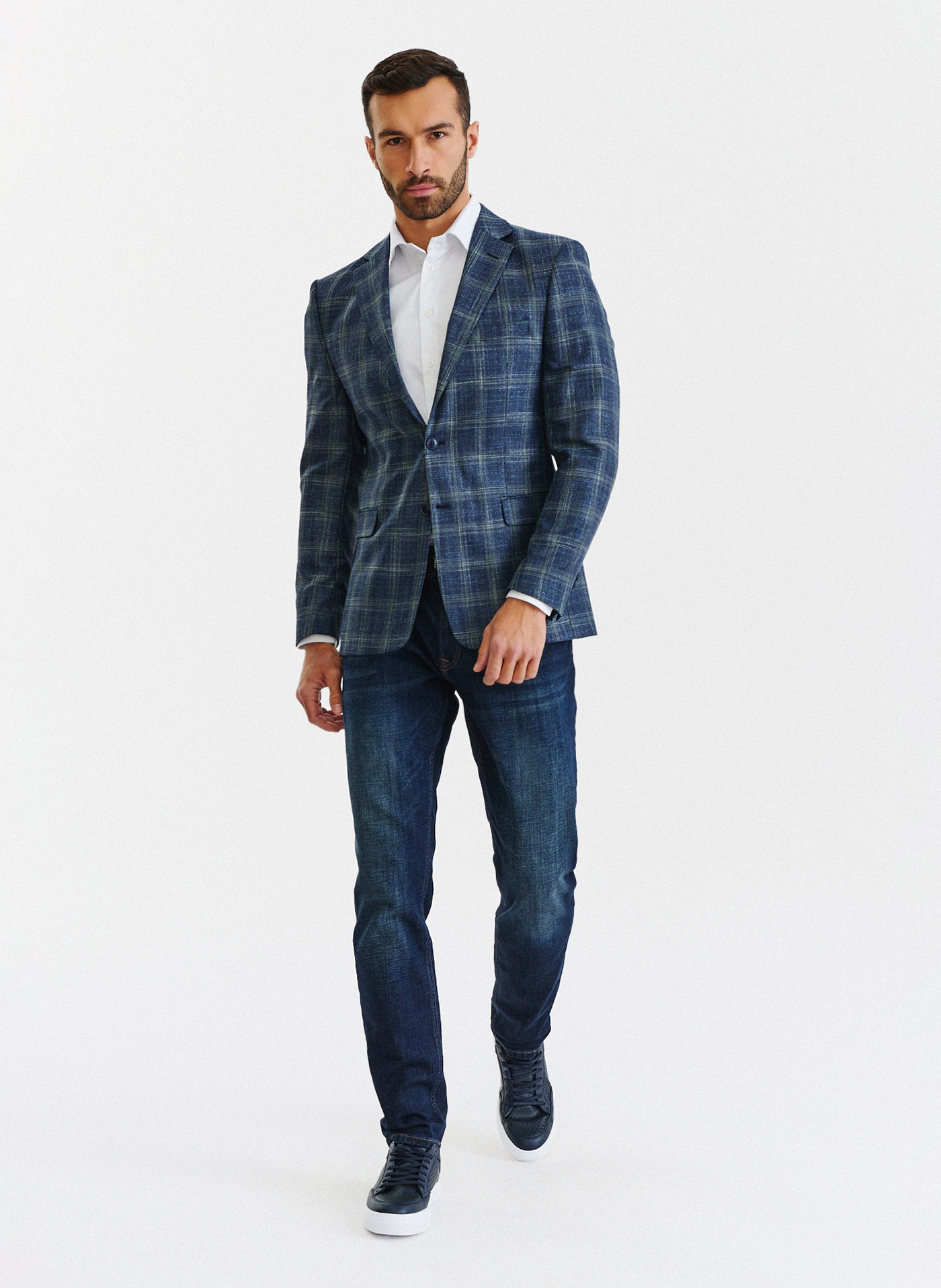 Granatowa casualowa marynarka męska w zieloną kratę - Pako Lorente