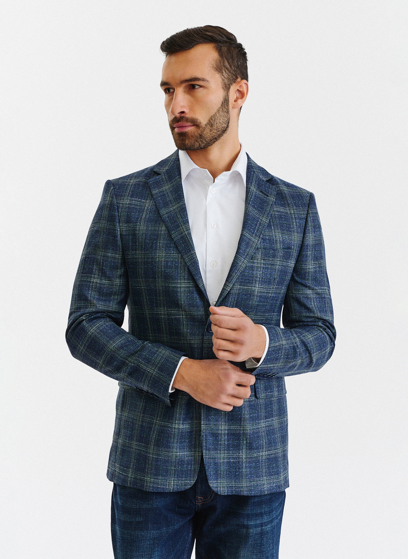 Granatowa casualowa marynarka męska w zieloną kratę - Pako Lorente