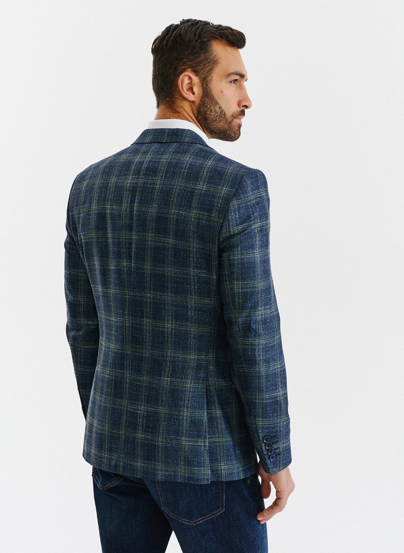 Granatowa casualowa marynarka męska w zieloną kratę - Pako Lorente