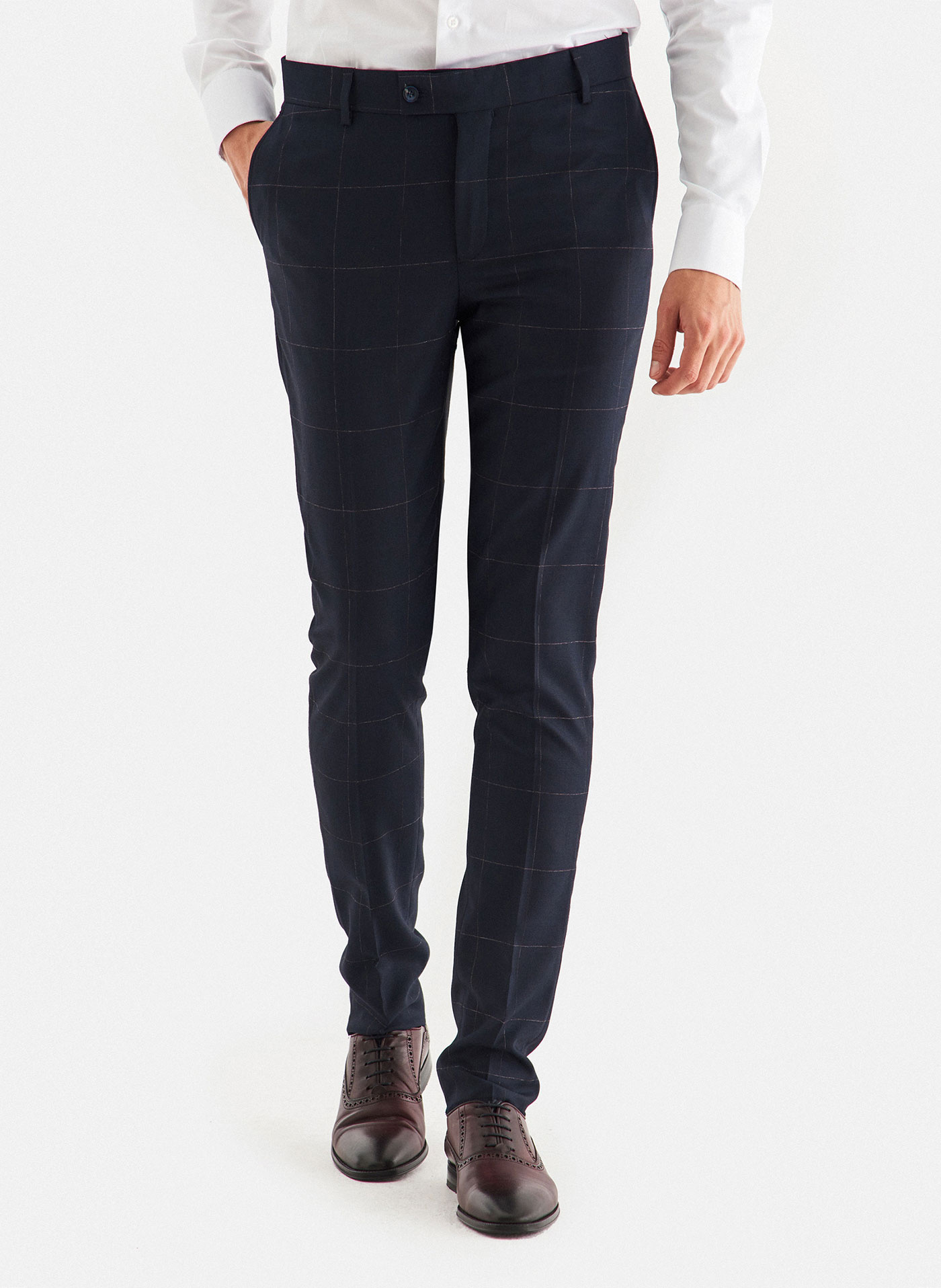 Granatowe spodnie garniturowe w kratę Windowpane - Pako Lorente