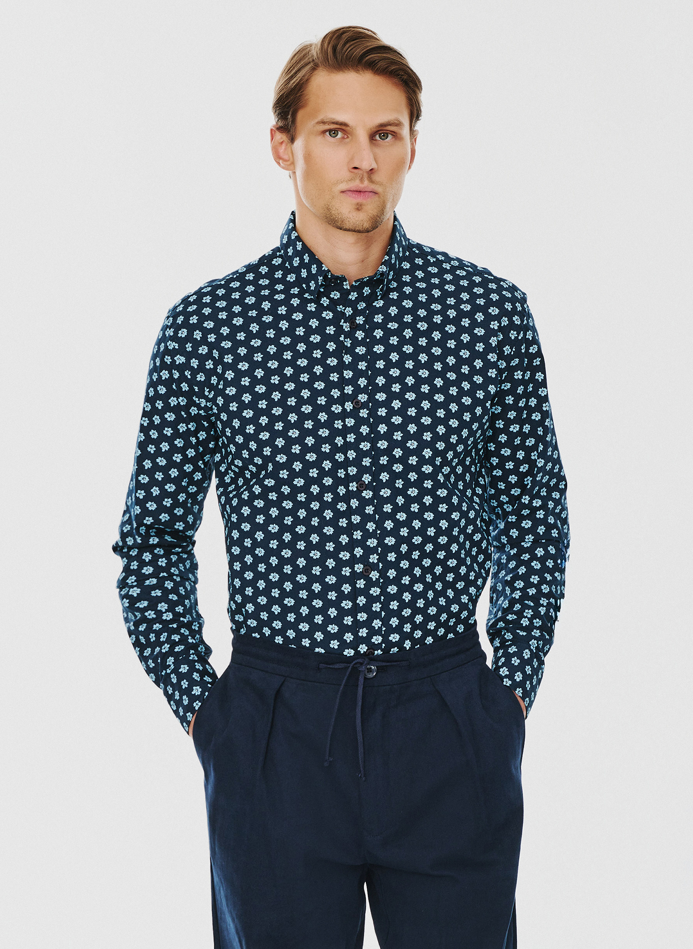 Granatowa koszula męska w kwiaty - Pako Lorente