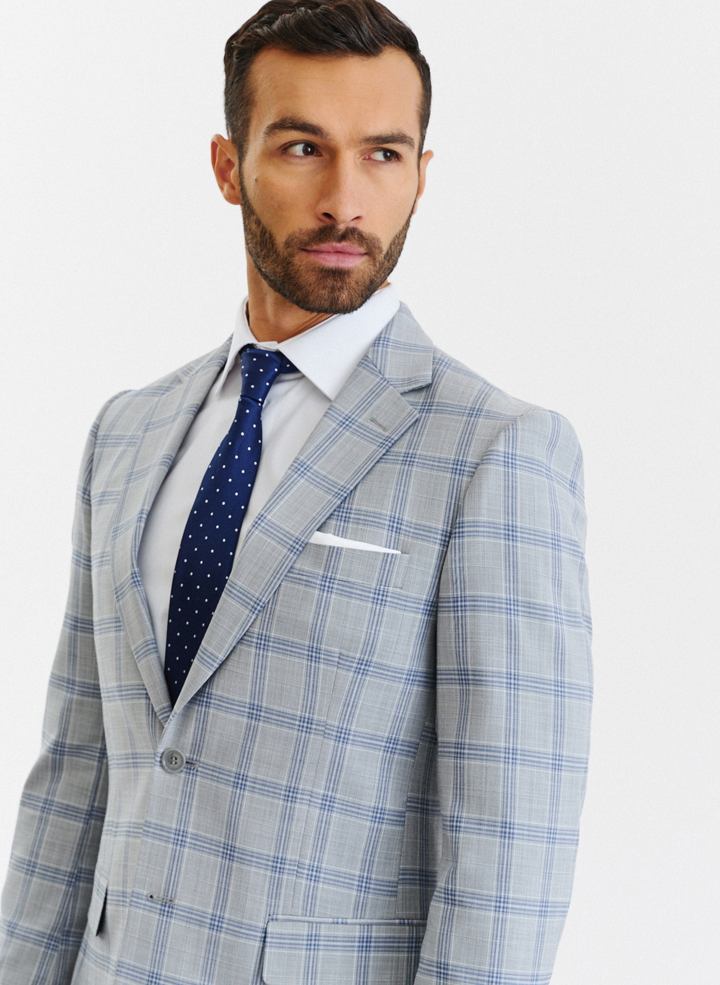 Szara marynarka garniturowa w niebiesko-białą kratę - Pako Lorente