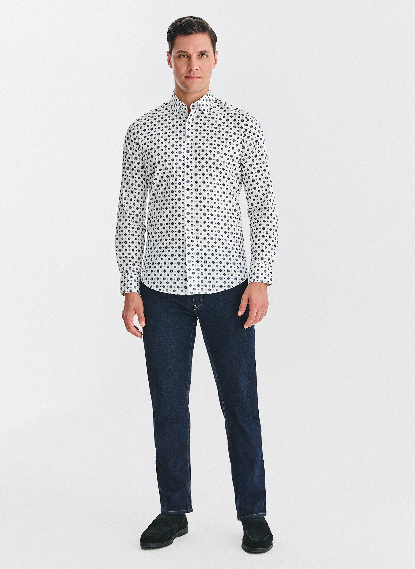 Biała koszula w niebieski wzór geometryczny - Pako Lorente