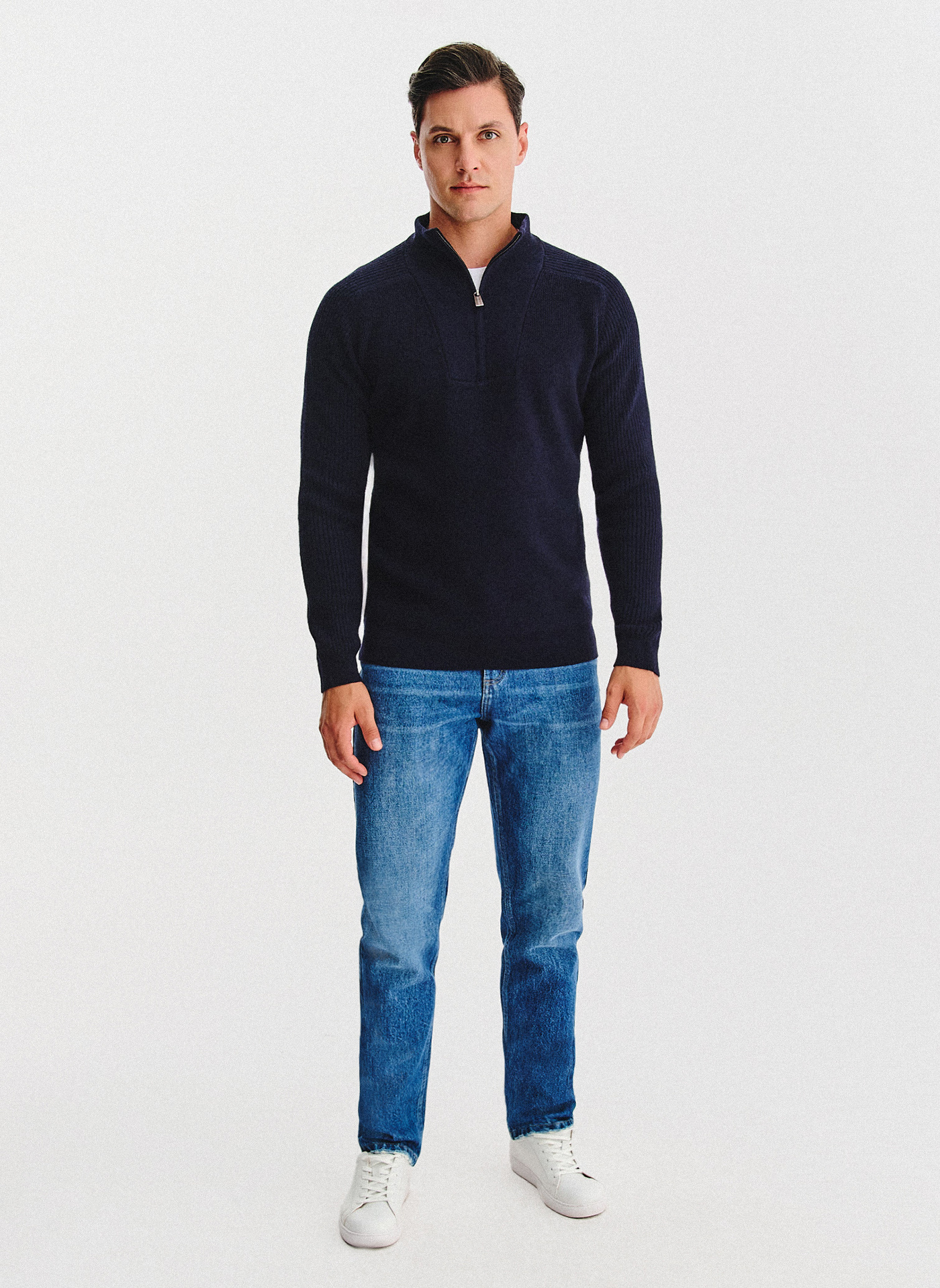 PAKO LORENTE - Granatowy sweter z rozpinaną stójką - Pako Lorente