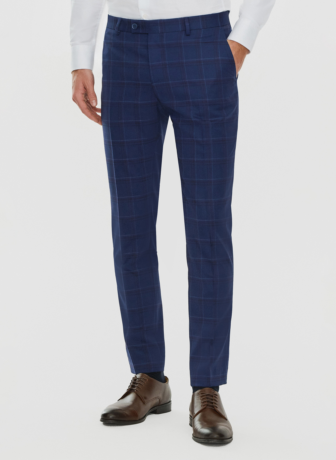 Granatowe spodnie garniturowe w czerwono-niebieską kratkę - Pako Lorente