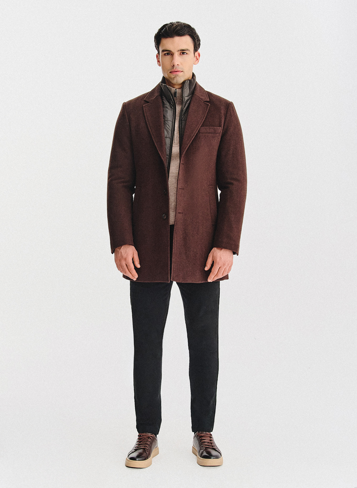 PAKO LORENTE - Brązowy płaszcz męski z odpinanym kołnierzem - Pako Lorente