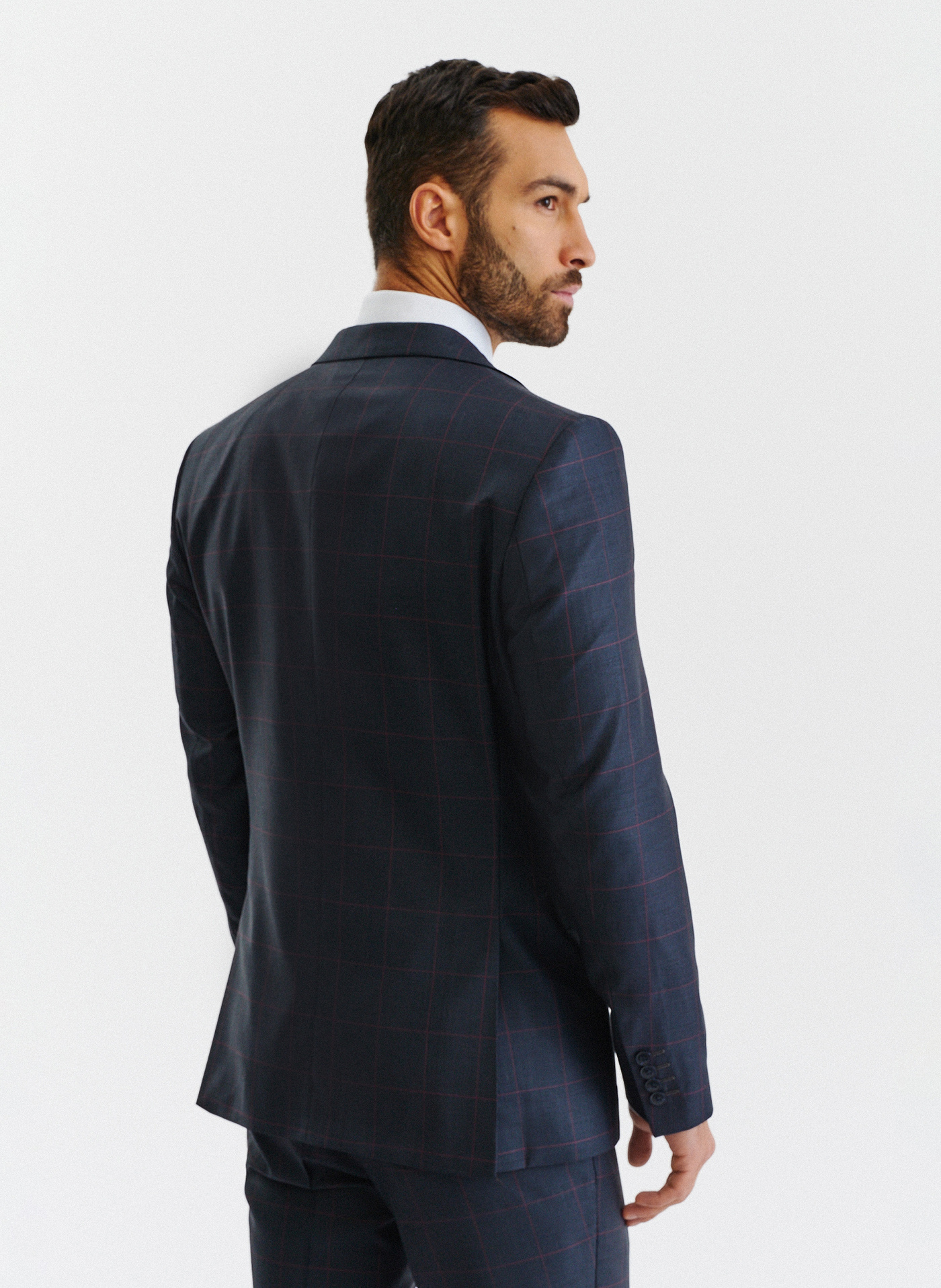 Granatowa marynarka garniturowa w bordową kratę Windowpane - Pako Lorente