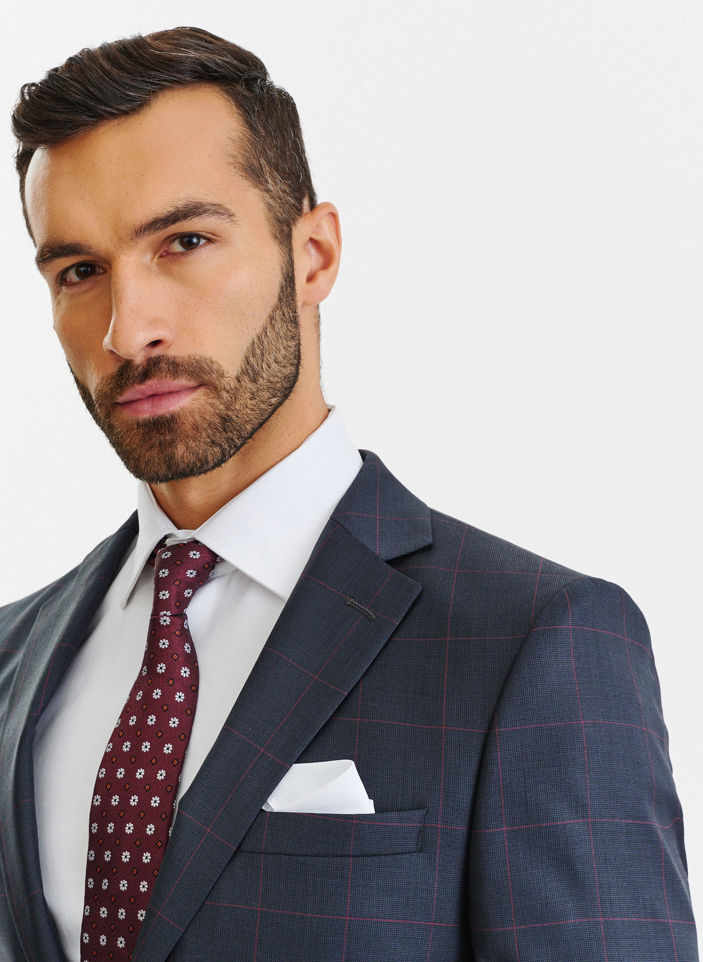 Granatowa marynarka garniturowa w bordową kratę Windowpane - Pako Lorente