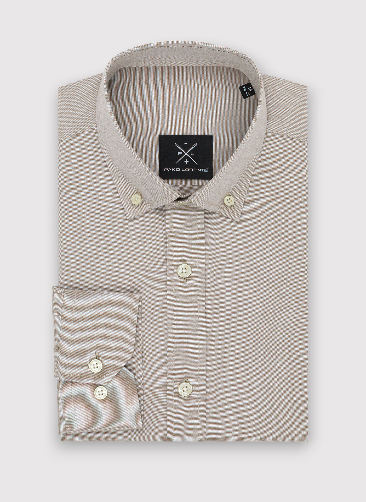 Gładka koszula męska beżowa długi rękaw - Pako Lorente