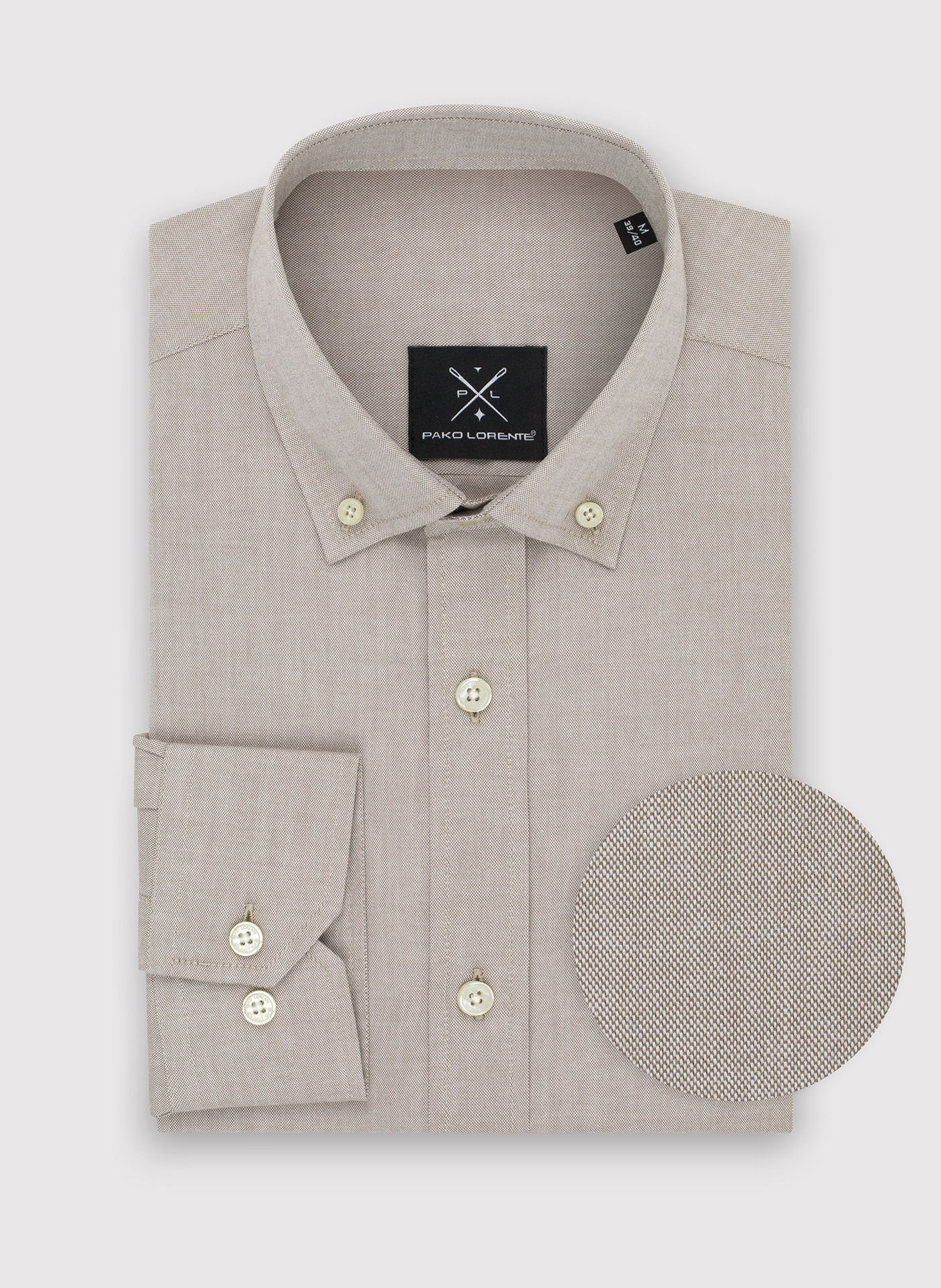 Gładka koszula męska beżowa długi rękaw - Pako Lorente
