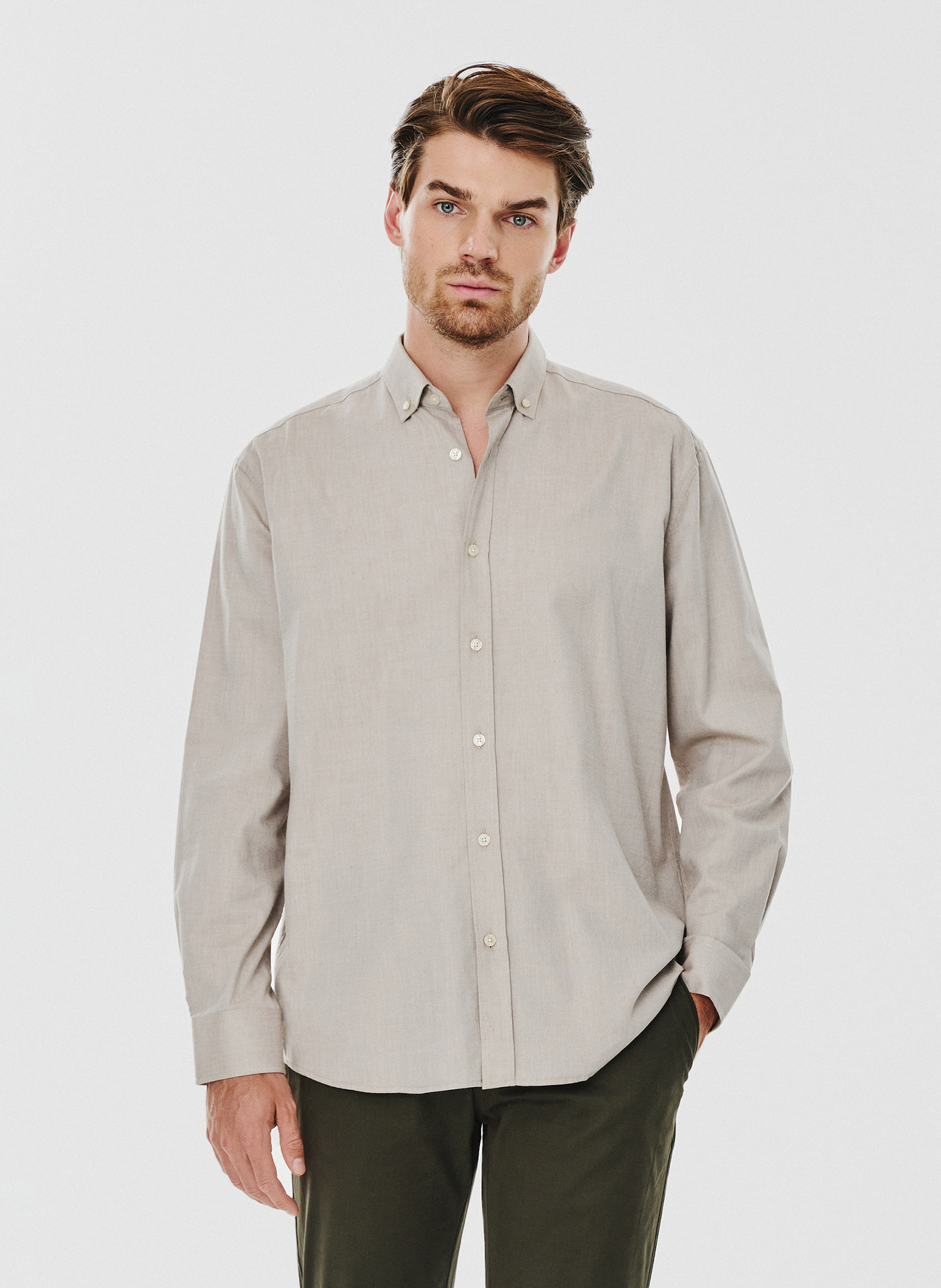 Gładka koszula męska beżowa długi rękaw - Pako Lorente