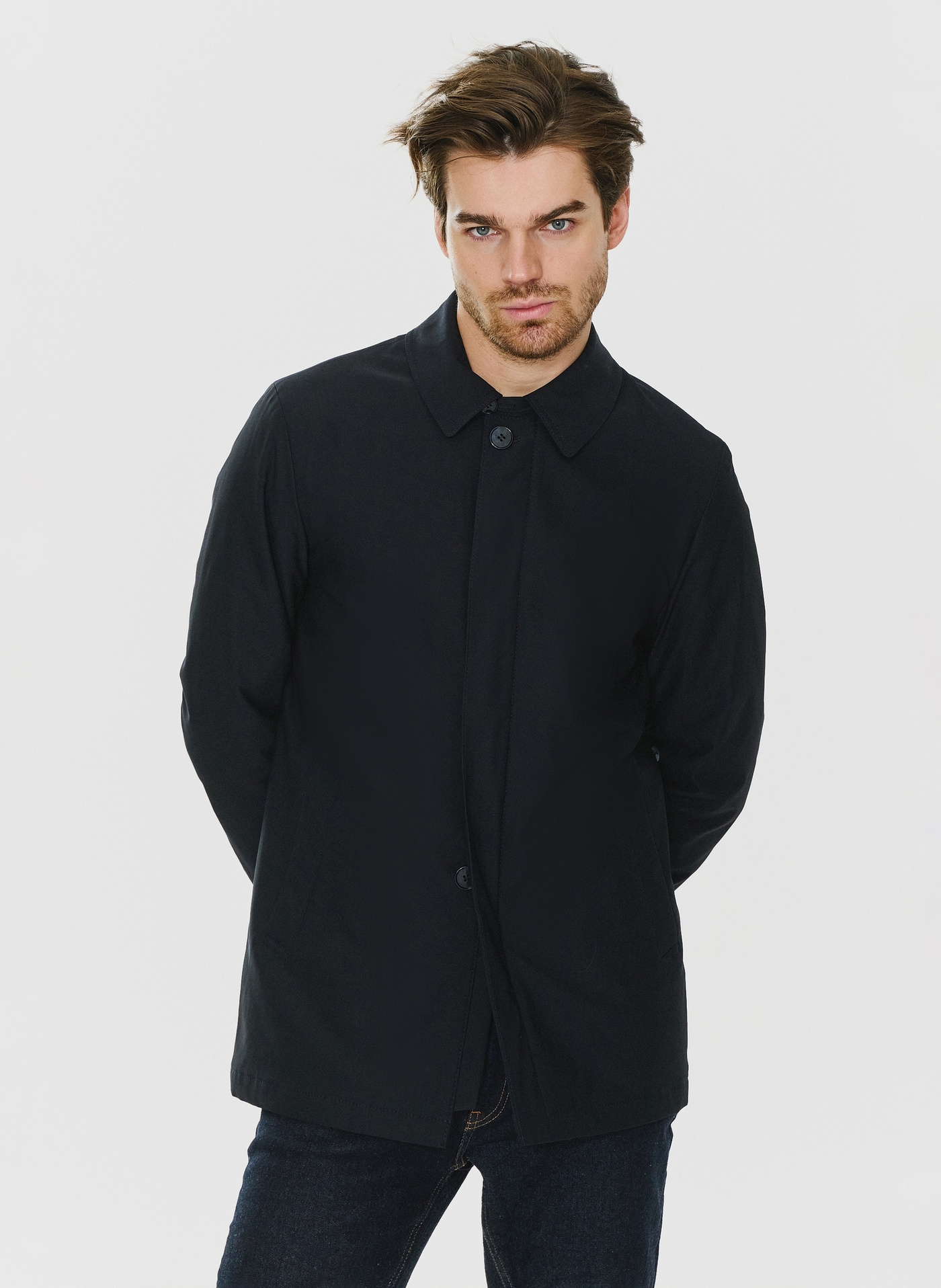 Granatowy przejściowy płaszcz męski P23WF-7X-010-G-0 - Pako Lorente - Pako Lorente