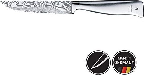 WMF Nóż damasceński Grand Gourmet, uniwersalny nóż 23 cm, 120-warstwowa stal damasceńska, wydajność cięcia, drewniana kaseta, ostrze 11 cm