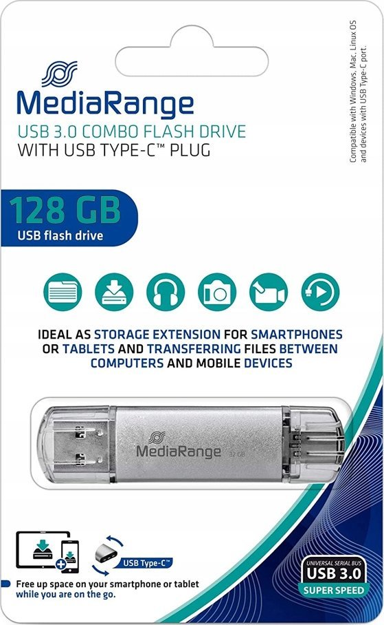 Pendrive MediaRange MediaRange MR938 pamięć USB 128 GB USB Type-A / USB Type-C 3.2 Gen 1 (3.1 Gen 1) Srebrny