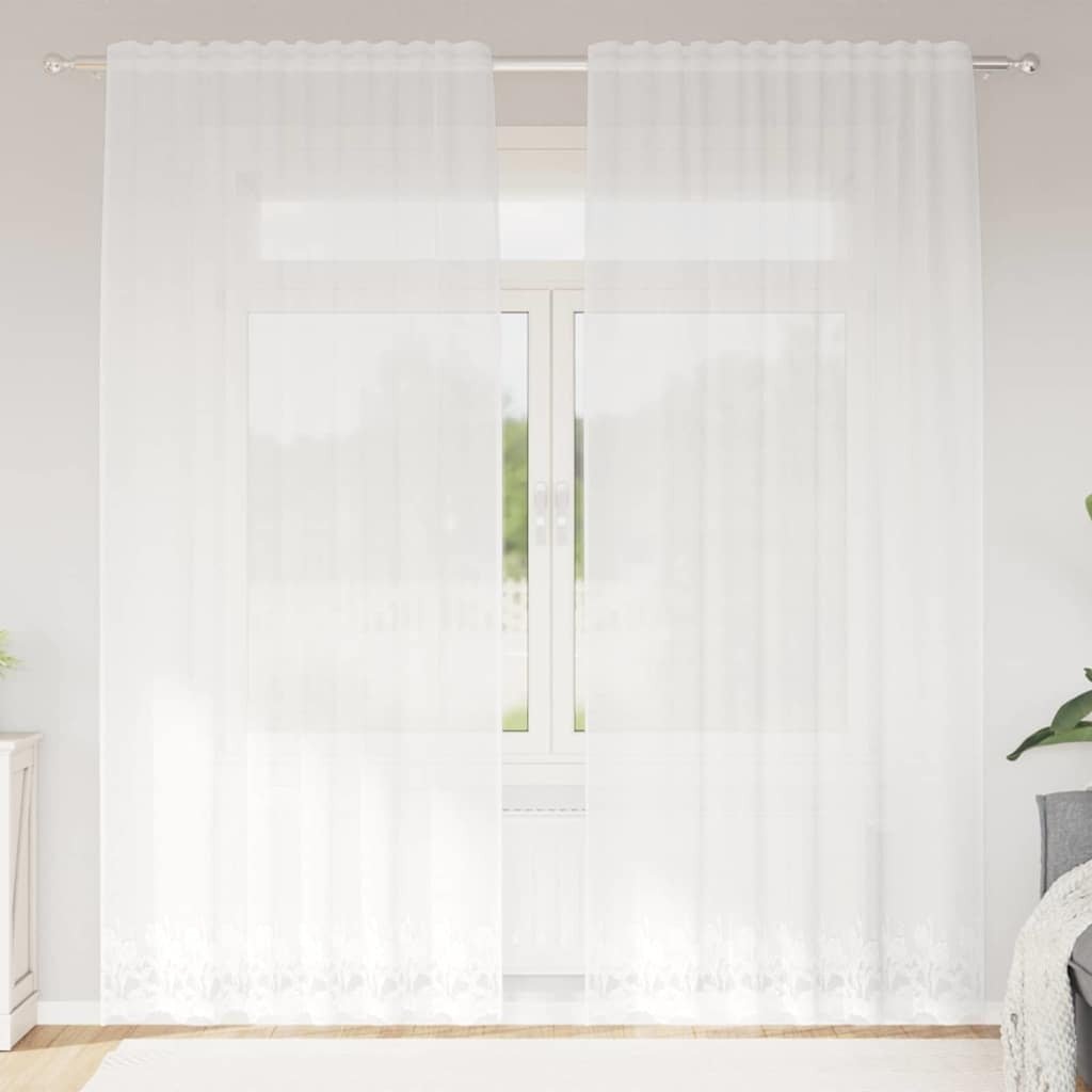 Fabryka Firan vidaXL Koronkowa firanka z zasłonami biała Poliester 150 x 240 cm