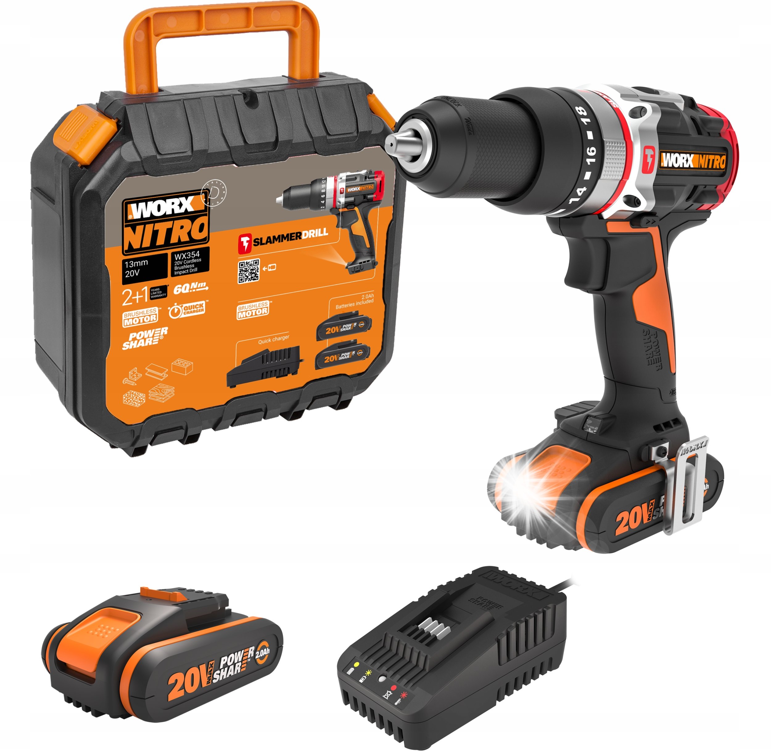 Wiertarko-wkrętarka Worx Wkrętarka WORX WX354 Bezszczotkowa 20V 60Nm 2x 2Ah